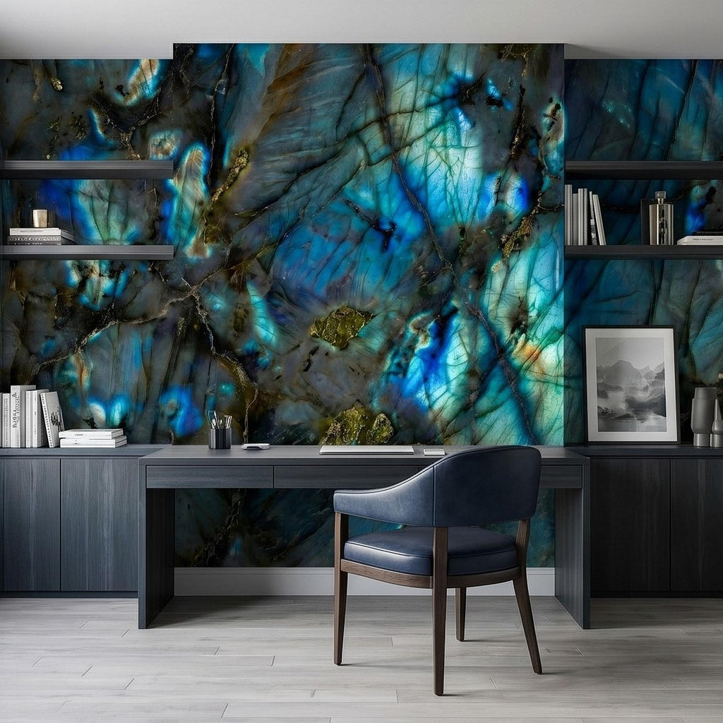 Blue Labradorite Stone Peel and Stick Wall Mural, Teal Navy Gem Crystal Texture, Dark Moody Marble Slab Modern Luxury Wallpaper