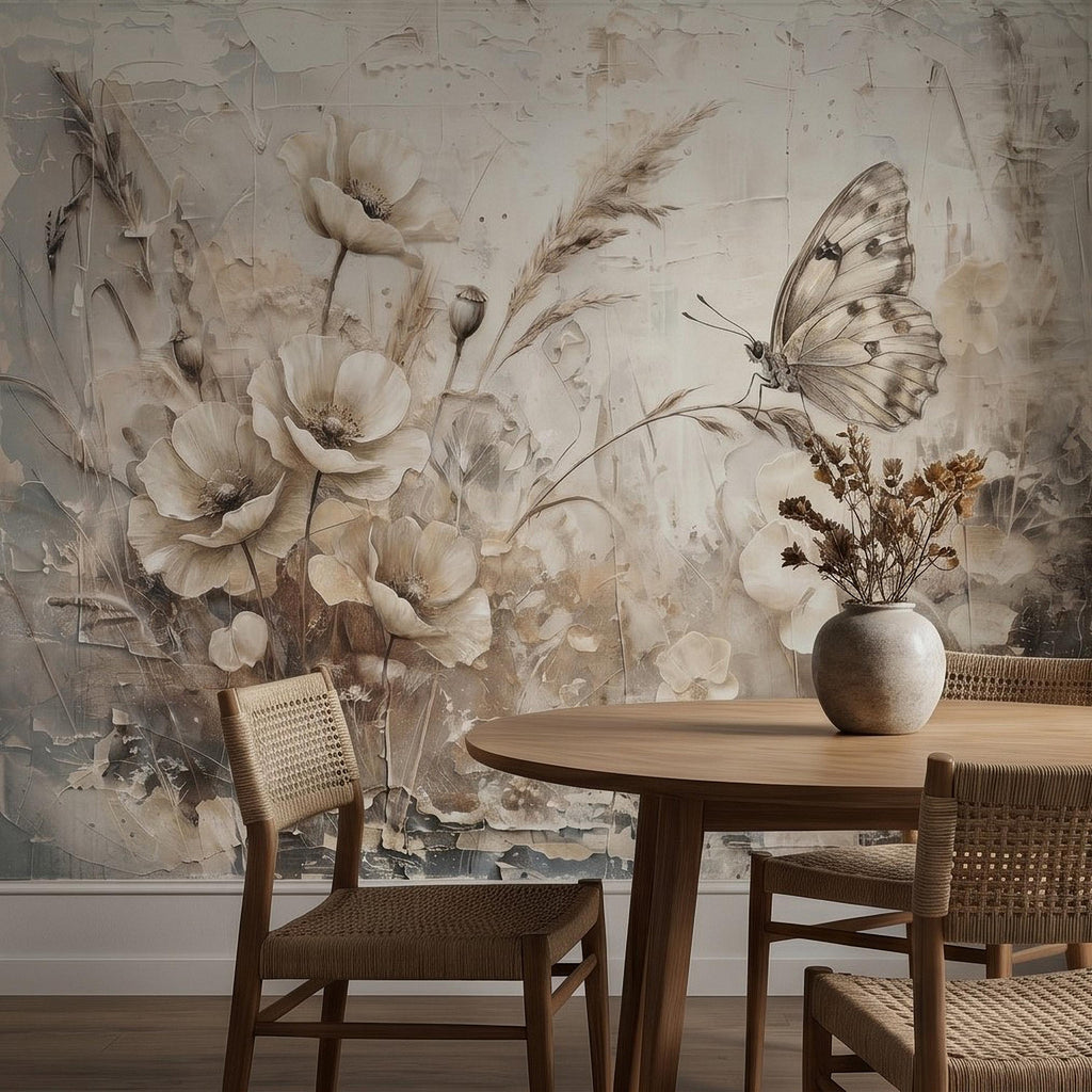 Neutral Butterfly Meadow Peel and Stick Wall Mural, Soft Beige Wildflower Poppies and Grasses, Vintage Textured Plaster Botanical Wallpaper