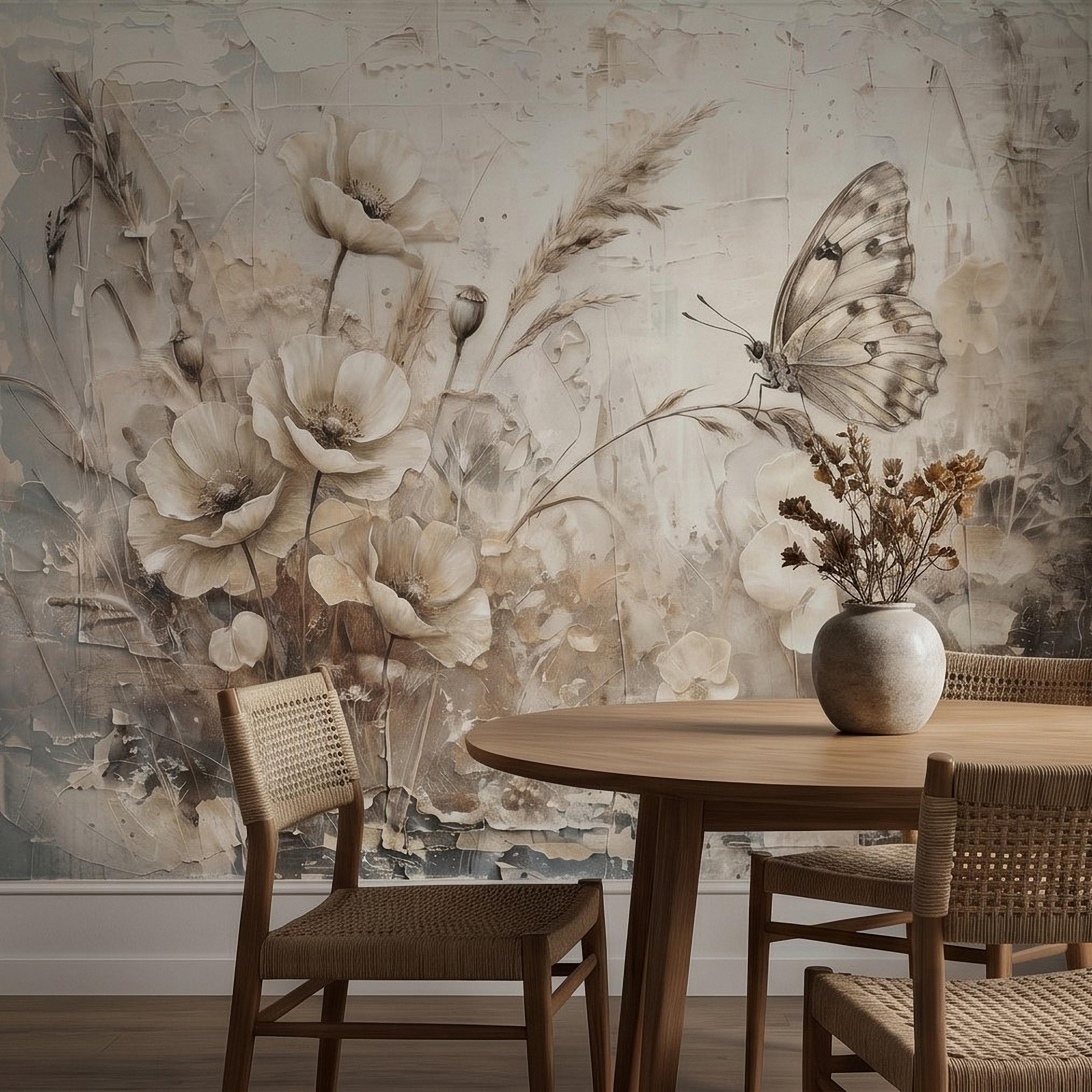 Neutral Butterfly Meadow Peel and Stick Wall Mural, Soft Beige Wildflower Poppies and Grasses, Vintage Textured Plaster Botanical Wallpaper