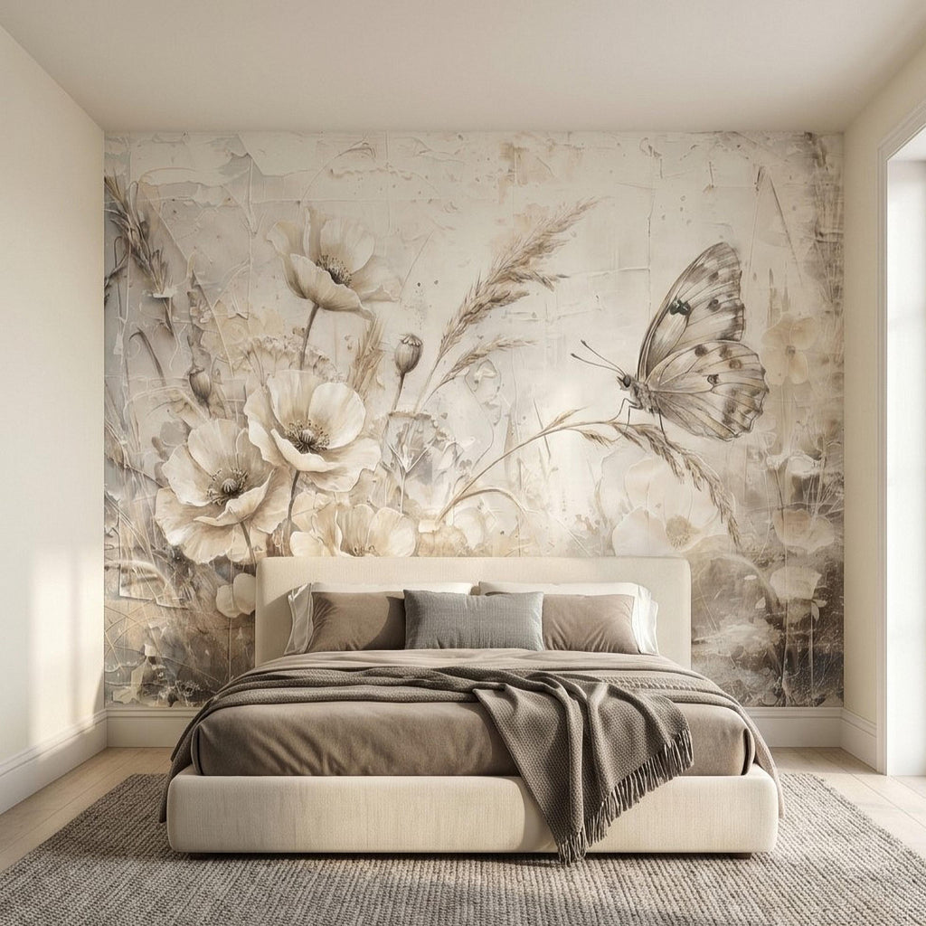 Neutral Butterfly Meadow Peel and Stick Wall Mural, Soft Beige Wildflower Poppies and Grasses, Vintage Textured Plaster Botanical Wallpaper
