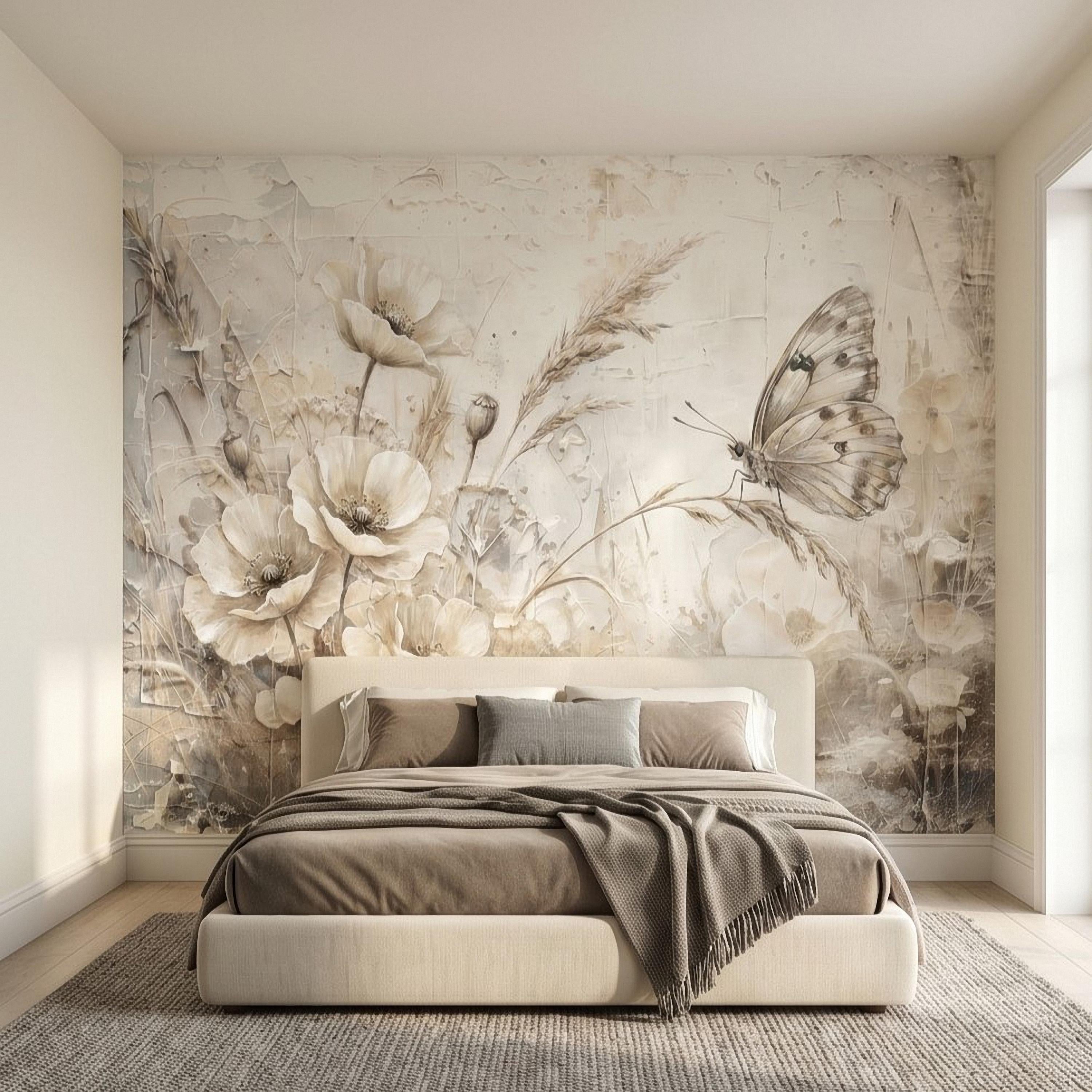 Neutral Butterfly Meadow Peel and Stick Wall Mural, Soft Beige Wildflower Poppies and Grasses, Vintage Textured Plaster Botanical Wallpaper