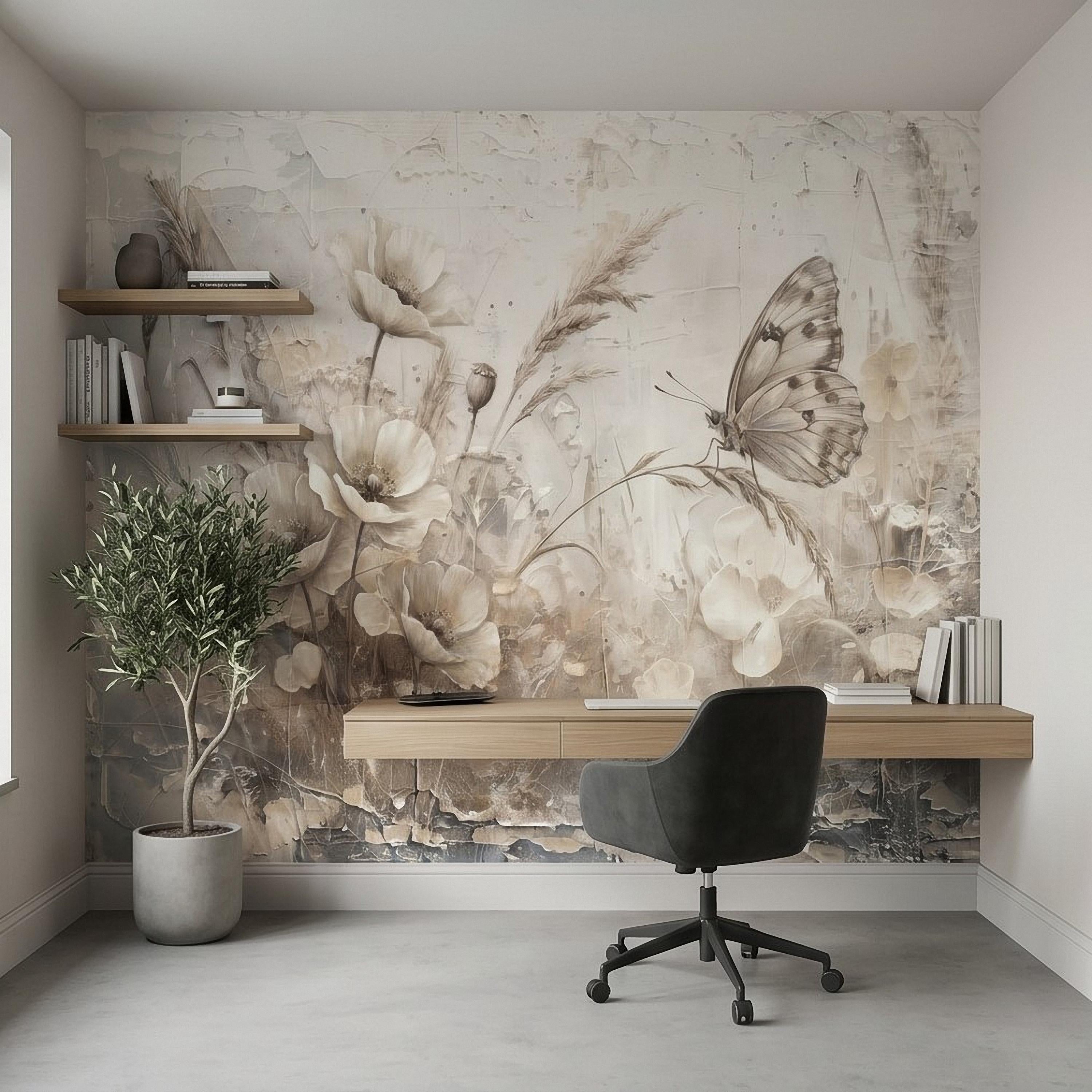 Neutral Butterfly Meadow Peel and Stick Wall Mural, Soft Beige Wildflower Poppies and Grasses, Vintage Textured Plaster Botanical Wallpaper