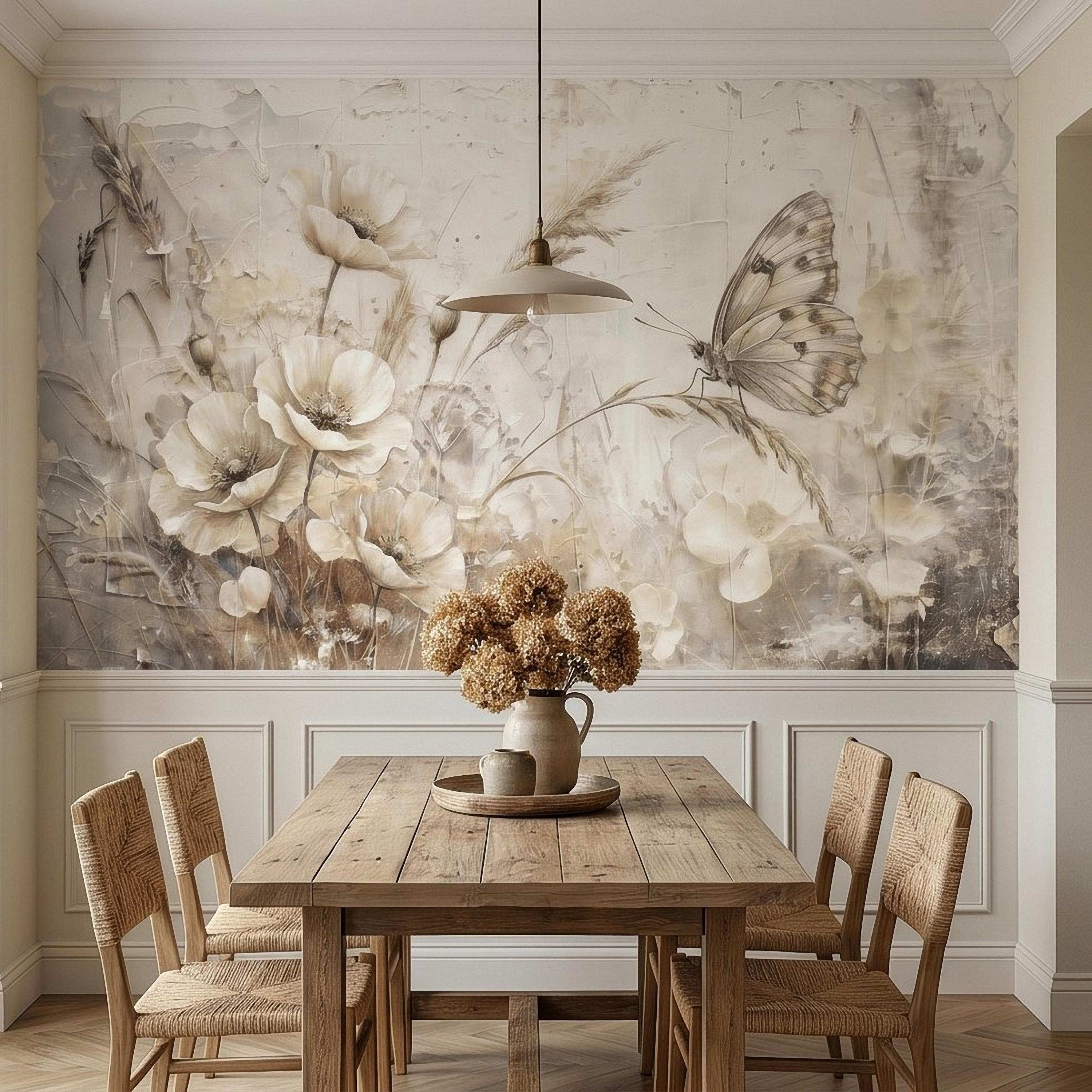 Neutral Butterfly Meadow Peel and Stick Wall Mural, Soft Beige Wildflower Poppies and Grasses, Vintage Textured Plaster Botanical Wallpaper