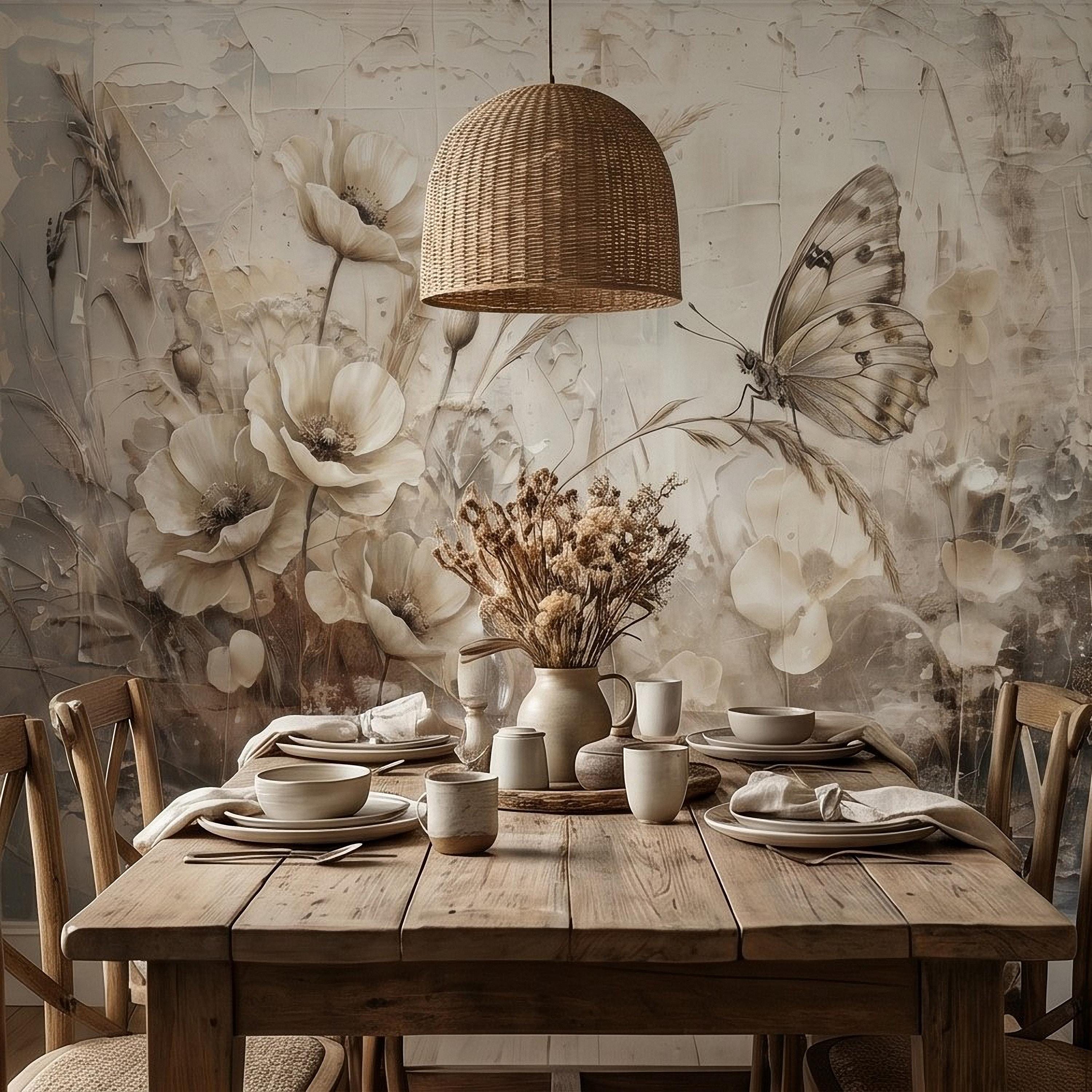 Neutral Butterfly Meadow Peel and Stick Wall Mural, Soft Beige Wildflower Poppies and Grasses, Vintage Textured Plaster Botanical Wallpaper