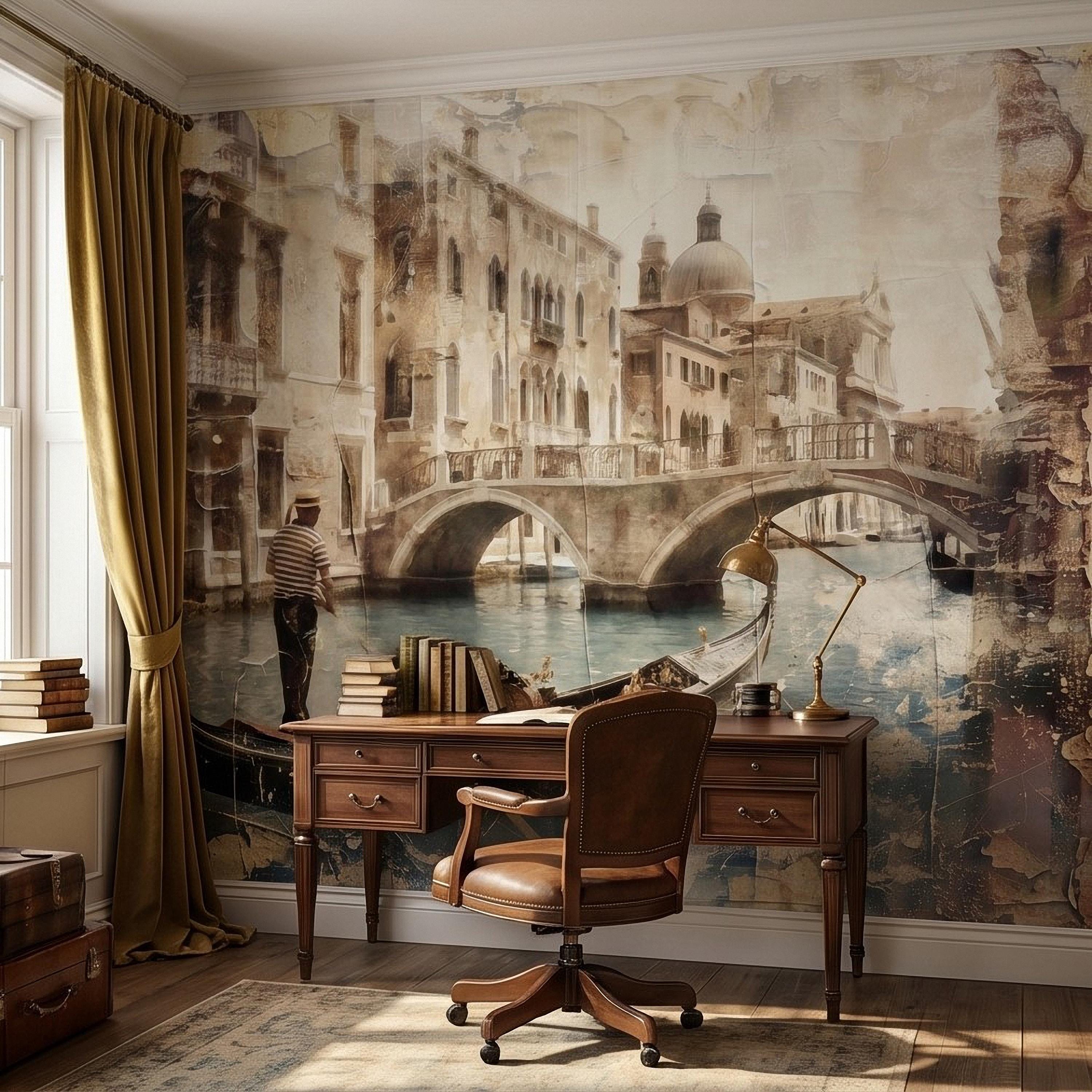 Venice Gondola Canal Peel and Stick Wall Mural, Vintage Sepia Bridge Cityscape, Italian Waterfront Travel Scene, Distressed Fresco Wallpaper