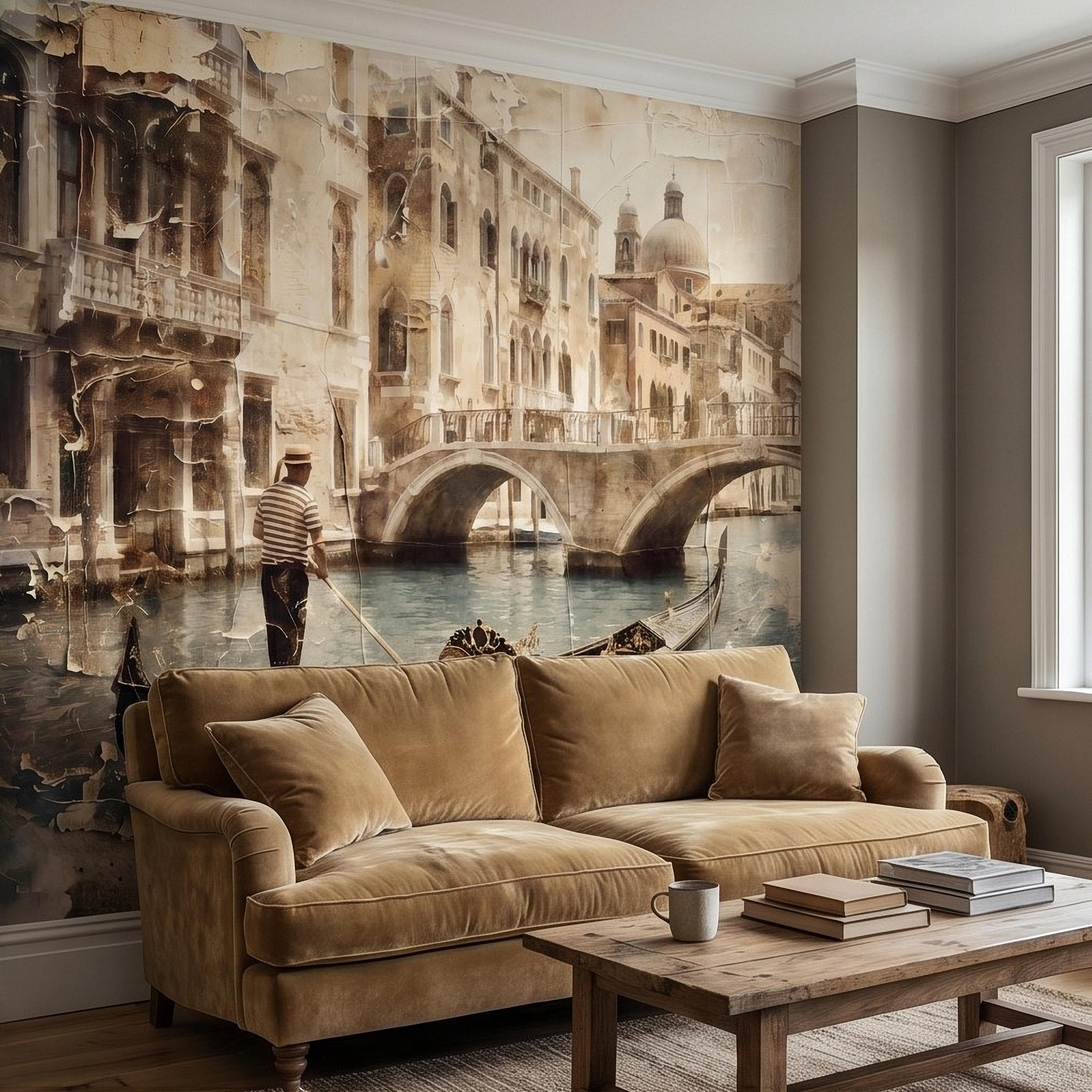 Venice Gondola Canal Peel and Stick Wall Mural, Vintage Sepia Bridge Cityscape, Italian Waterfront Travel Scene, Distressed Fresco Wallpaper
