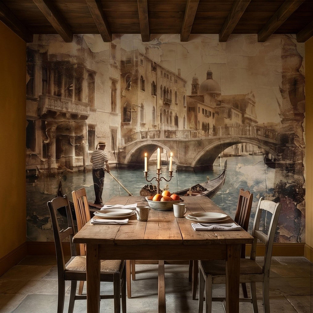 Venice Gondola Canal Peel and Stick Wall Mural, Vintage Sepia Bridge Cityscape, Italian Waterfront Travel Scene, Distressed Fresco Wallpaper