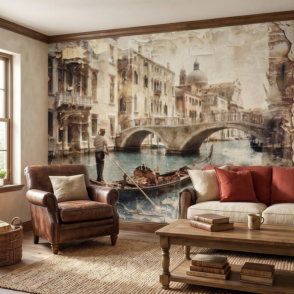 Venice Gondola Canal Peel and Stick Wall Mural, Vintage Sepia Bridge Cityscape, Italian Waterfront Travel Scene, Distressed Fresco Wallpaper