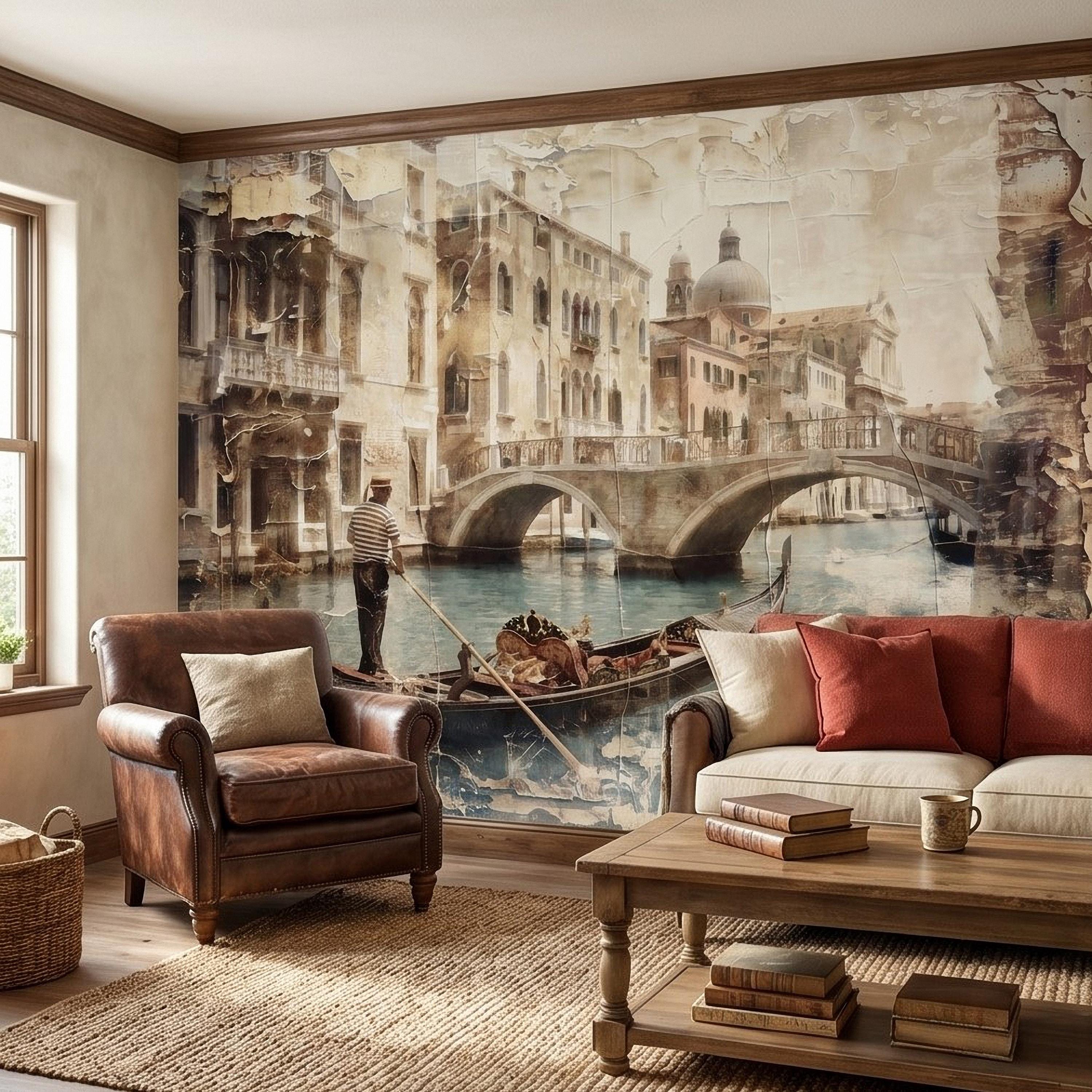 Venice Gondola Canal Peel and Stick Wall Mural, Vintage Sepia Bridge Cityscape, Italian Waterfront Travel Scene, Distressed Fresco Wallpaper