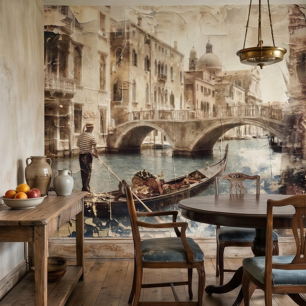 Venice Gondola Canal Peel and Stick Wall Mural, Vintage Sepia Bridge Cityscape, Italian Waterfront Travel Scene, Distressed Fresco Wallpaper
