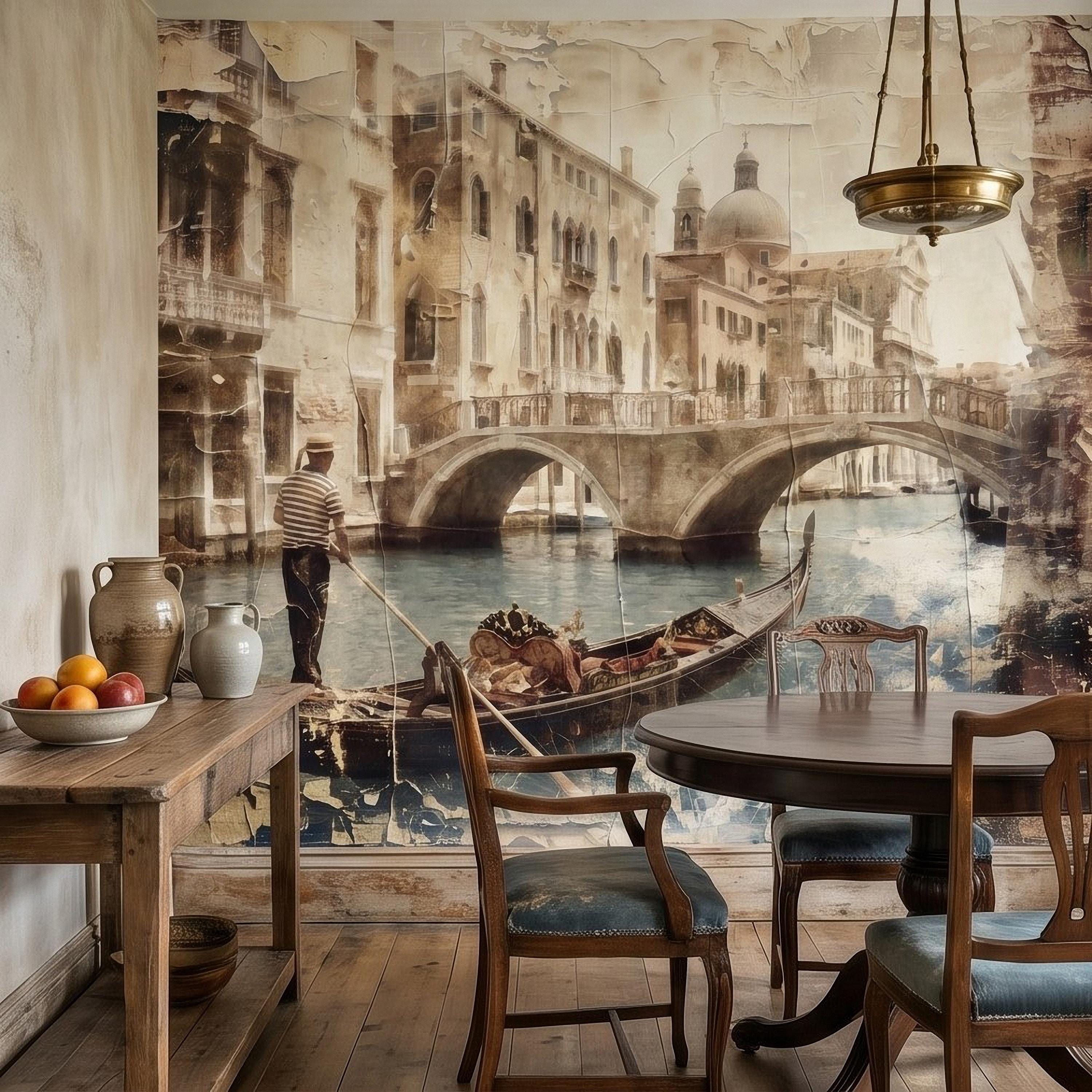 Venice Gondola Canal Peel and Stick Wall Mural, Vintage Sepia Bridge Cityscape, Italian Waterfront Travel Scene, Distressed Fresco Wallpaper
