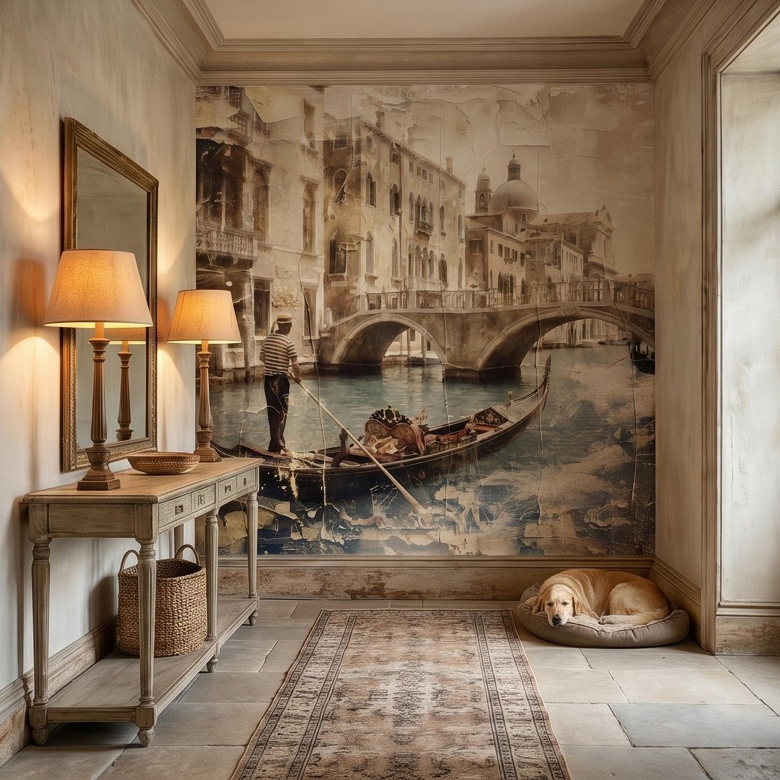 Venice Gondola Canal Peel and Stick Wall Mural, Vintage Sepia Bridge Cityscape, Italian Waterfront Travel Scene, Distressed Fresco Wallpaper