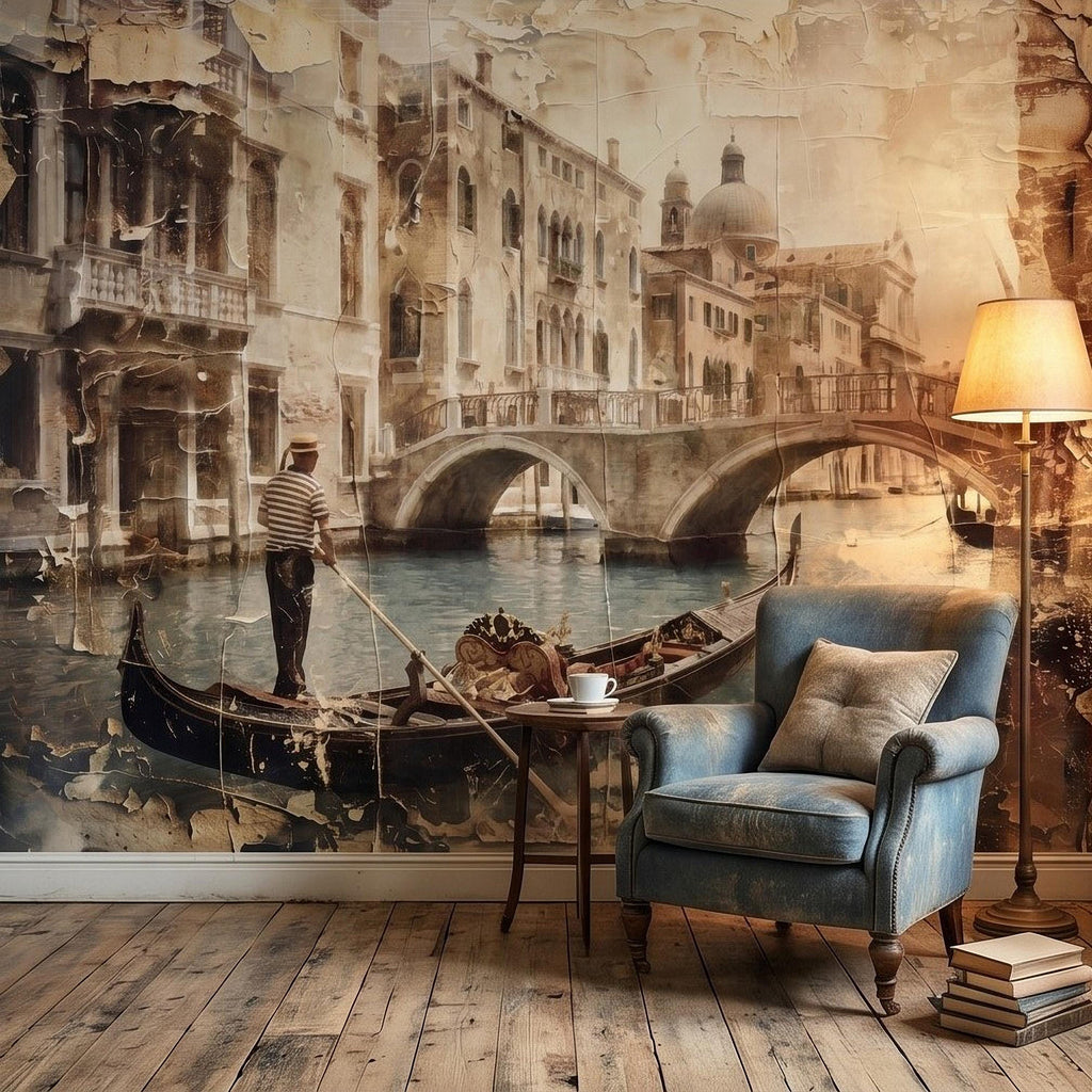 Venice Gondola Canal Peel and Stick Wall Mural, Vintage Sepia Bridge Cityscape, Italian Waterfront Travel Scene, Distressed Fresco Wallpaper