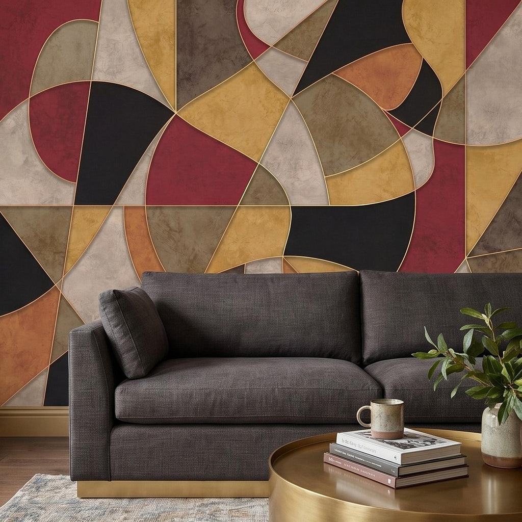 Mid Century Modern Peel and Stick Wall Mural, Abstract Geometric Color Block, Retro Burgundy Mustard Wallpaper
