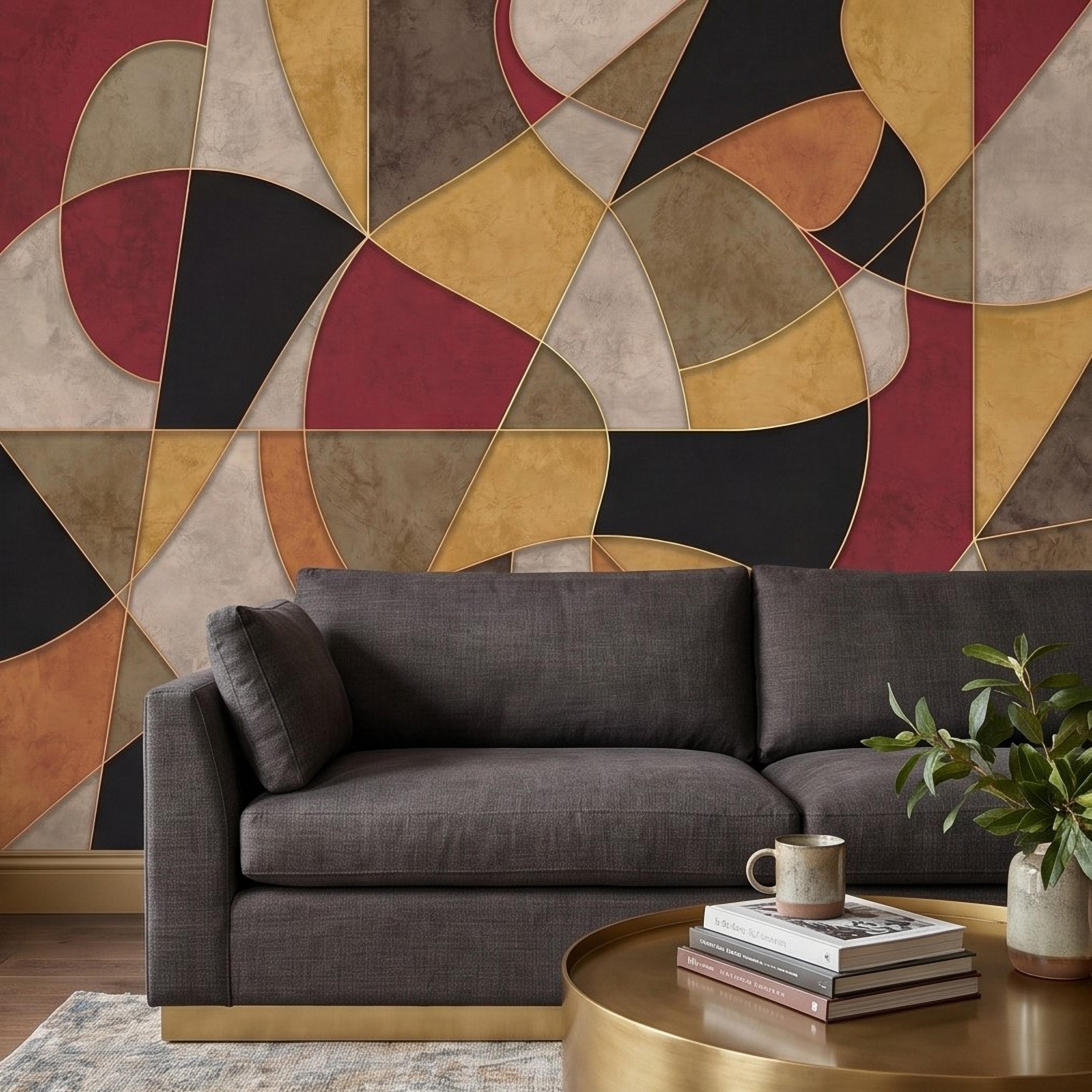 Mid Century Modern Peel and Stick Wall Mural, Abstract Geometric Color Block, Retro Burgundy Mustard Wallpaper