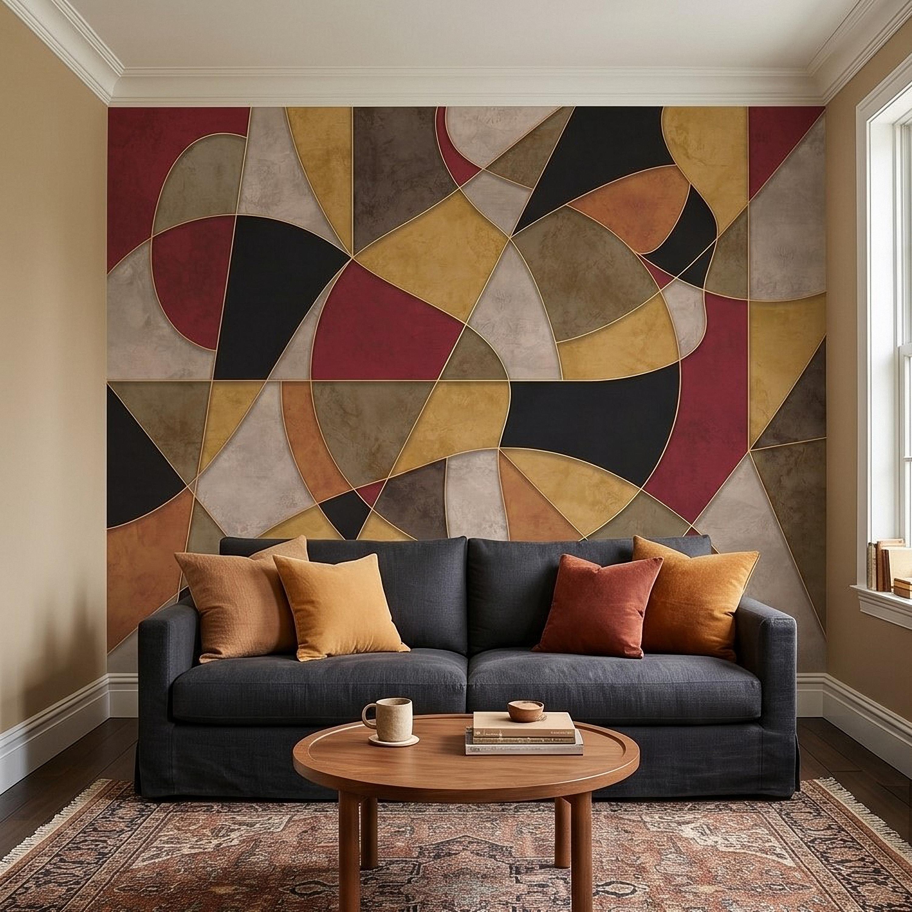 Mid Century Modern Peel and Stick Wall Mural, Abstract Geometric Color Block, Retro Burgundy Mustard Wallpaper