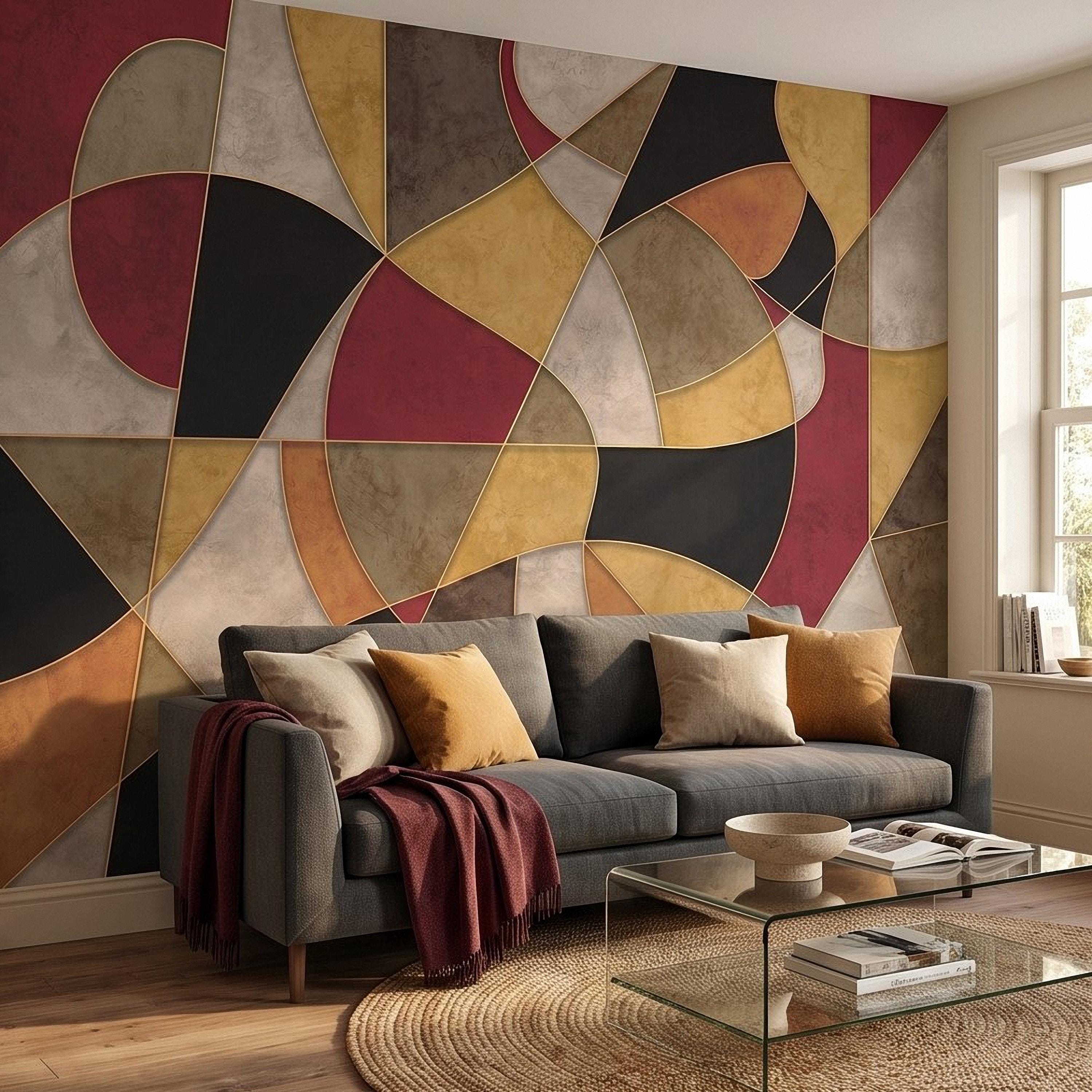 Mid Century Modern Peel and Stick Wall Mural, Abstract Geometric Color Block, Retro Burgundy Mustard Wallpaper