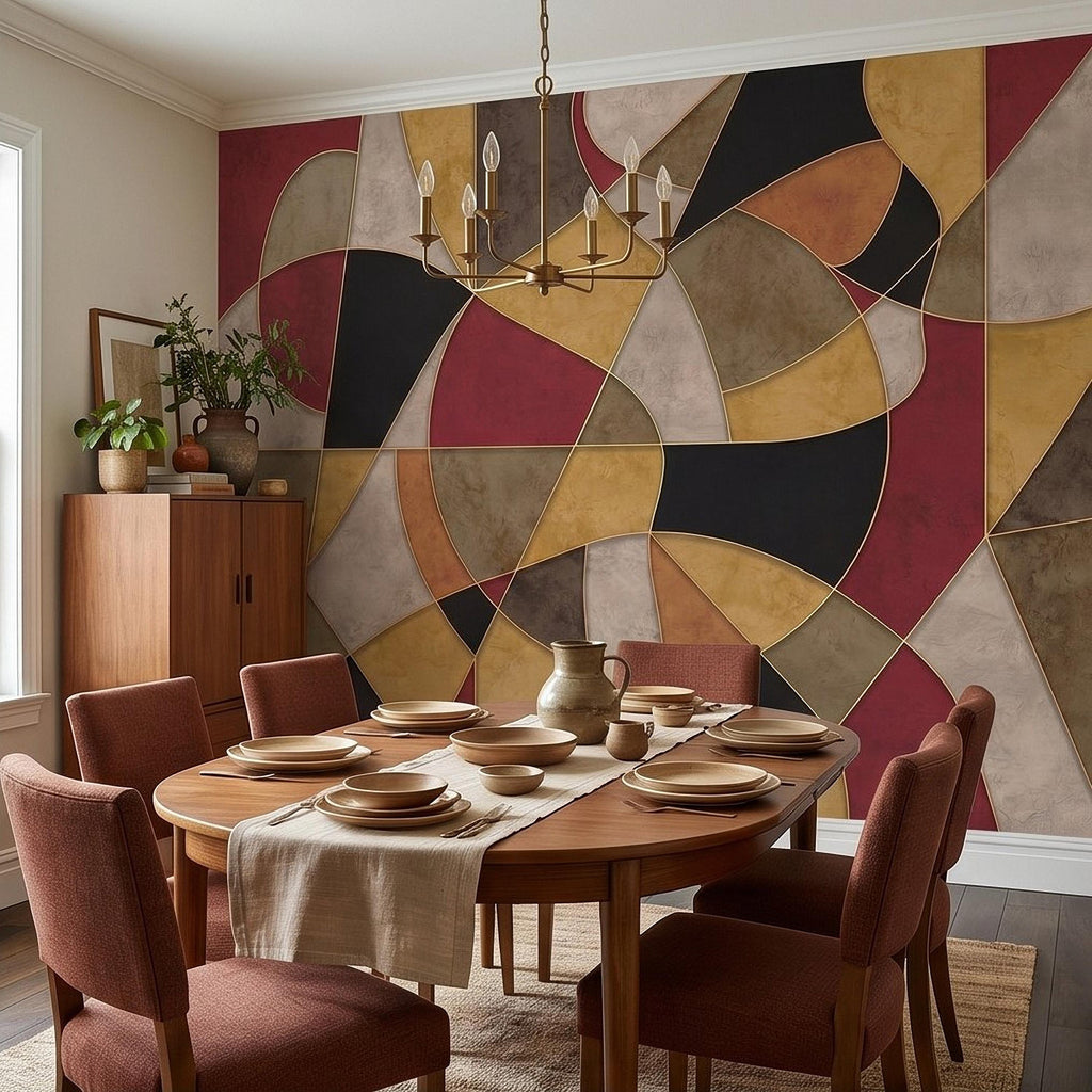 Mid Century Modern Peel and Stick Wall Mural, Abstract Geometric Color Block, Retro Burgundy Mustard Wallpaper