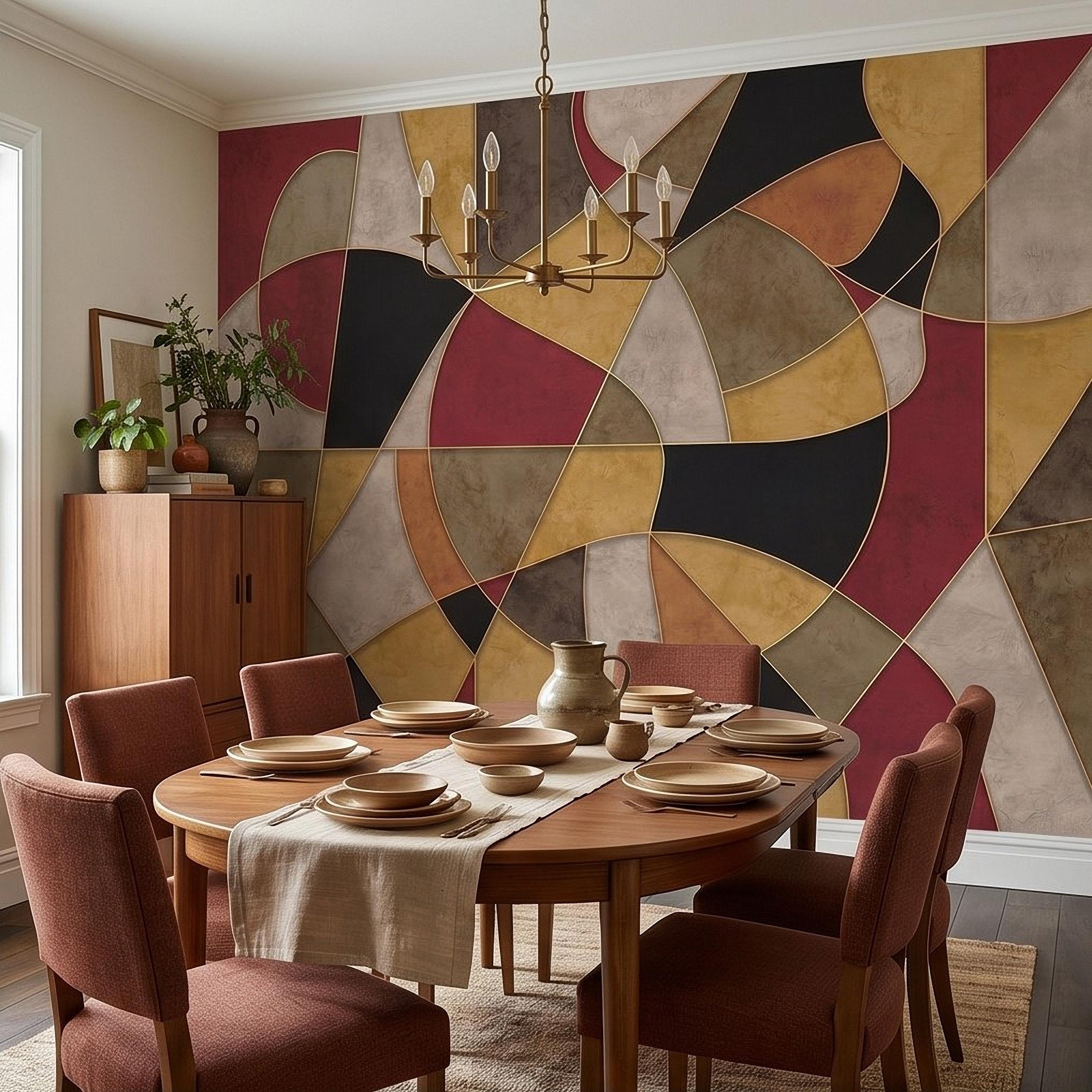 Mid Century Modern Peel and Stick Wall Mural, Abstract Geometric Color Block, Retro Burgundy Mustard Wallpaper