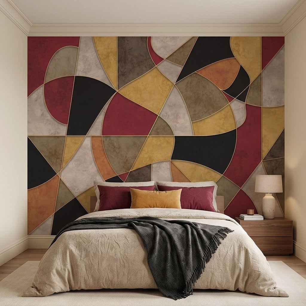 Mid Century Modern Peel and Stick Wall Mural, Abstract Geometric Color Block, Retro Burgundy Mustard Wallpaper