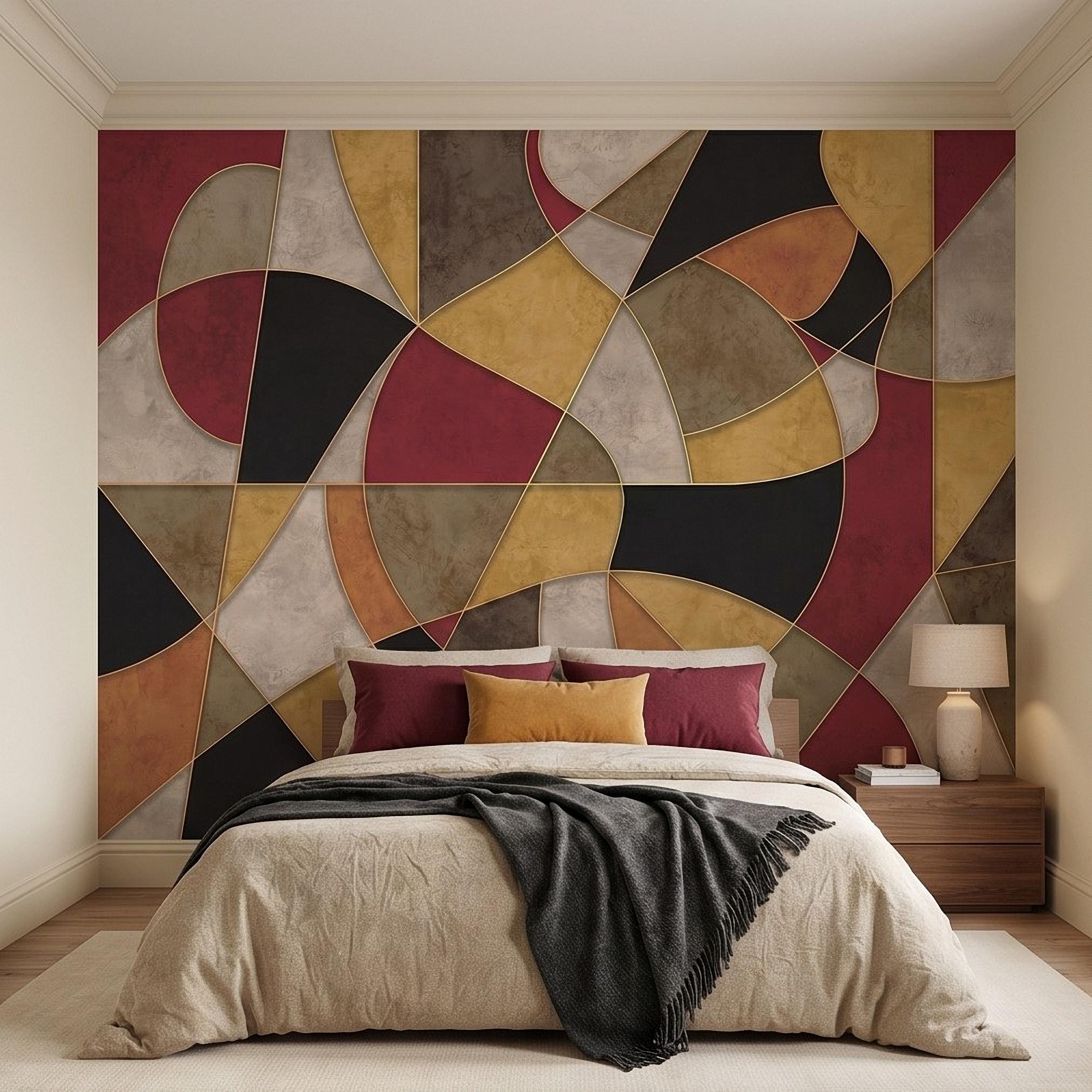 Mid Century Modern Peel and Stick Wall Mural, Abstract Geometric Color Block, Retro Burgundy Mustard Wallpaper