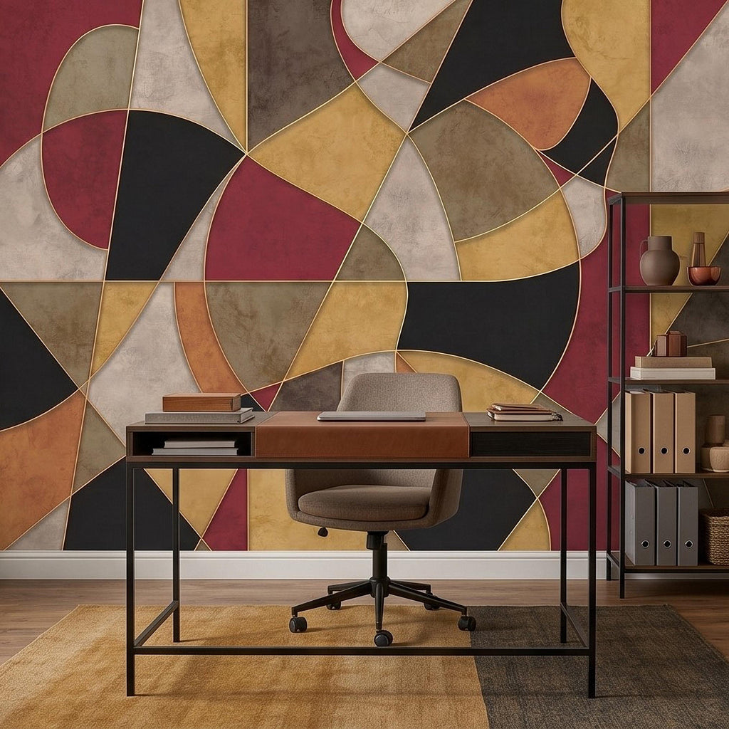 Mid Century Modern Peel and Stick Wall Mural, Abstract Geometric Color Block, Retro Burgundy Mustard Wallpaper