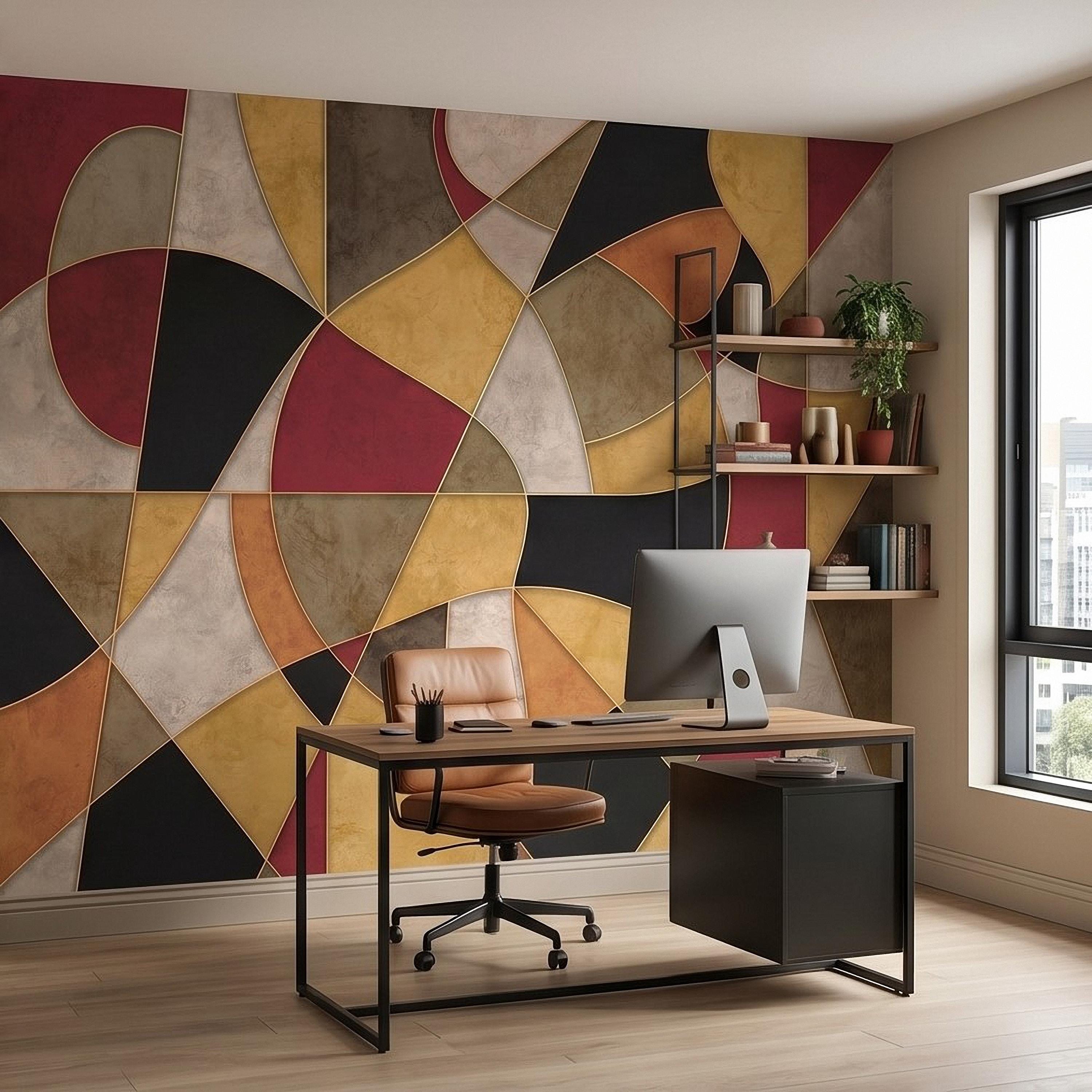 Mid Century Modern Peel and Stick Wall Mural, Abstract Geometric Color Block, Retro Burgundy Mustard Wallpaper