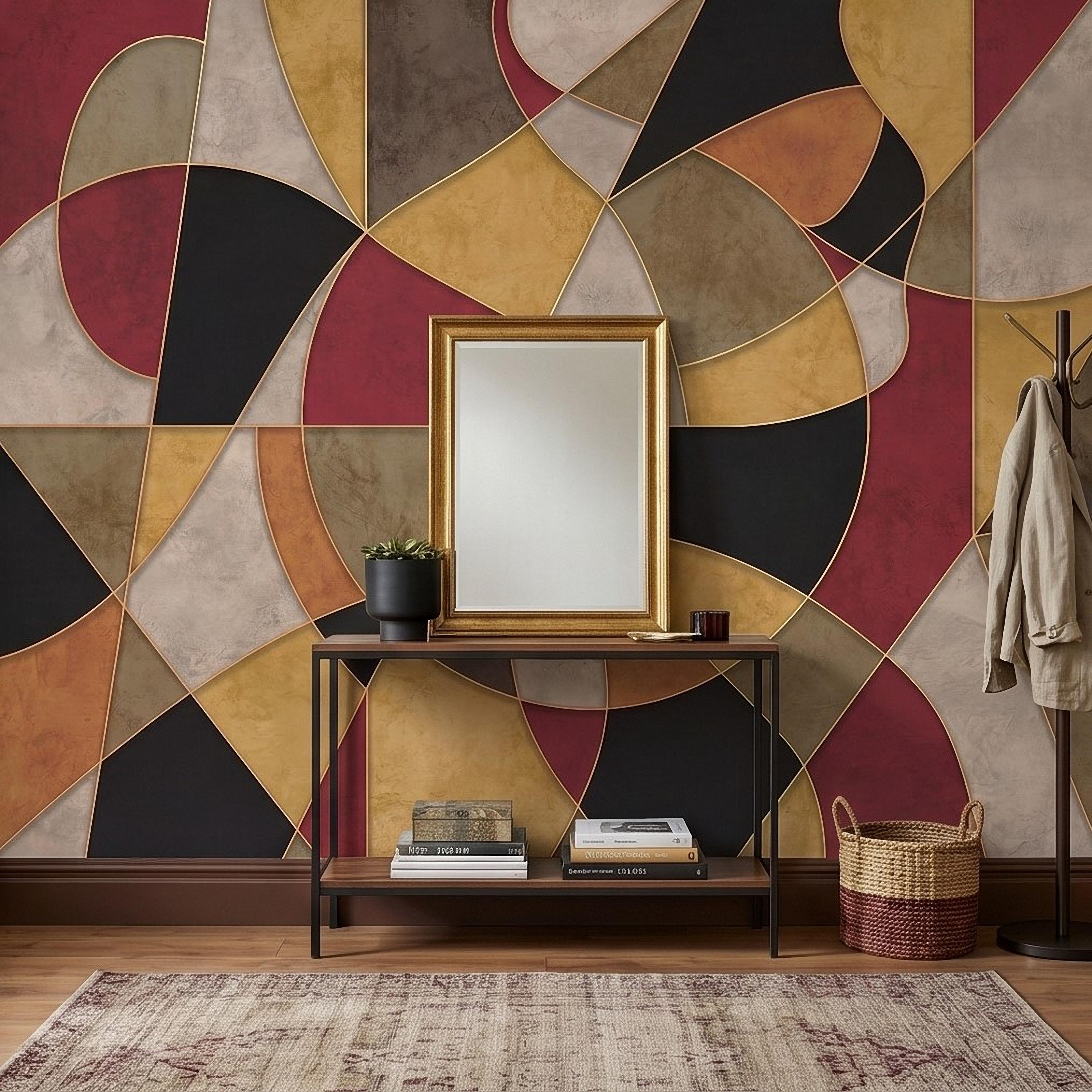 Mid Century Modern Peel and Stick Wall Mural, Abstract Geometric Color Block, Retro Burgundy Mustard Wallpaper