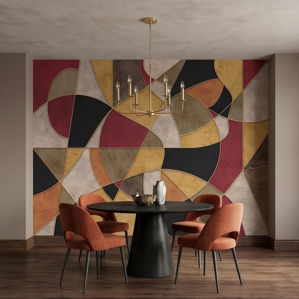 Mid Century Modern Peel and Stick Wall Mural, Abstract Geometric Color Block, Retro Burgundy Mustard Wallpaper