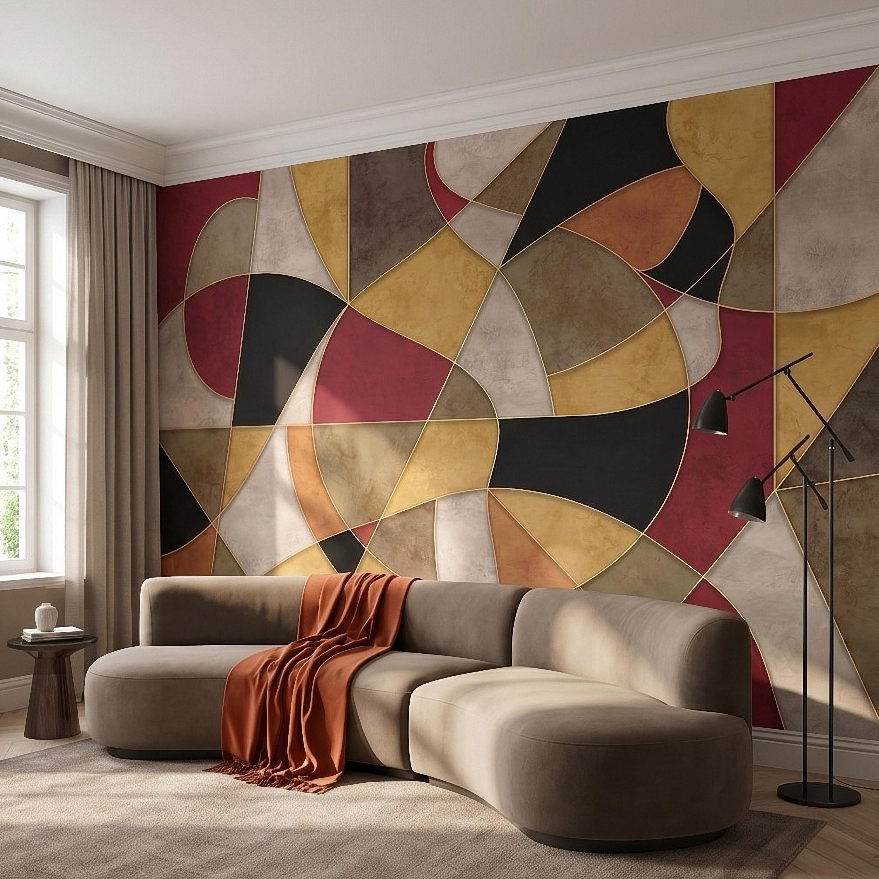 Mid Century Modern Peel and Stick Wall Mural, Abstract Geometric Color Block, Retro Burgundy Mustard Wallpaper