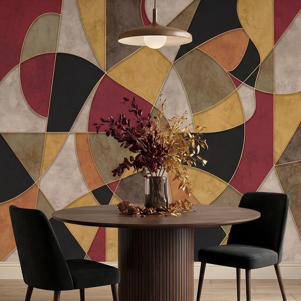 Mid Century Modern Peel and Stick Wall Mural, Abstract Geometric Color Block, Retro Burgundy Mustard Wallpaper