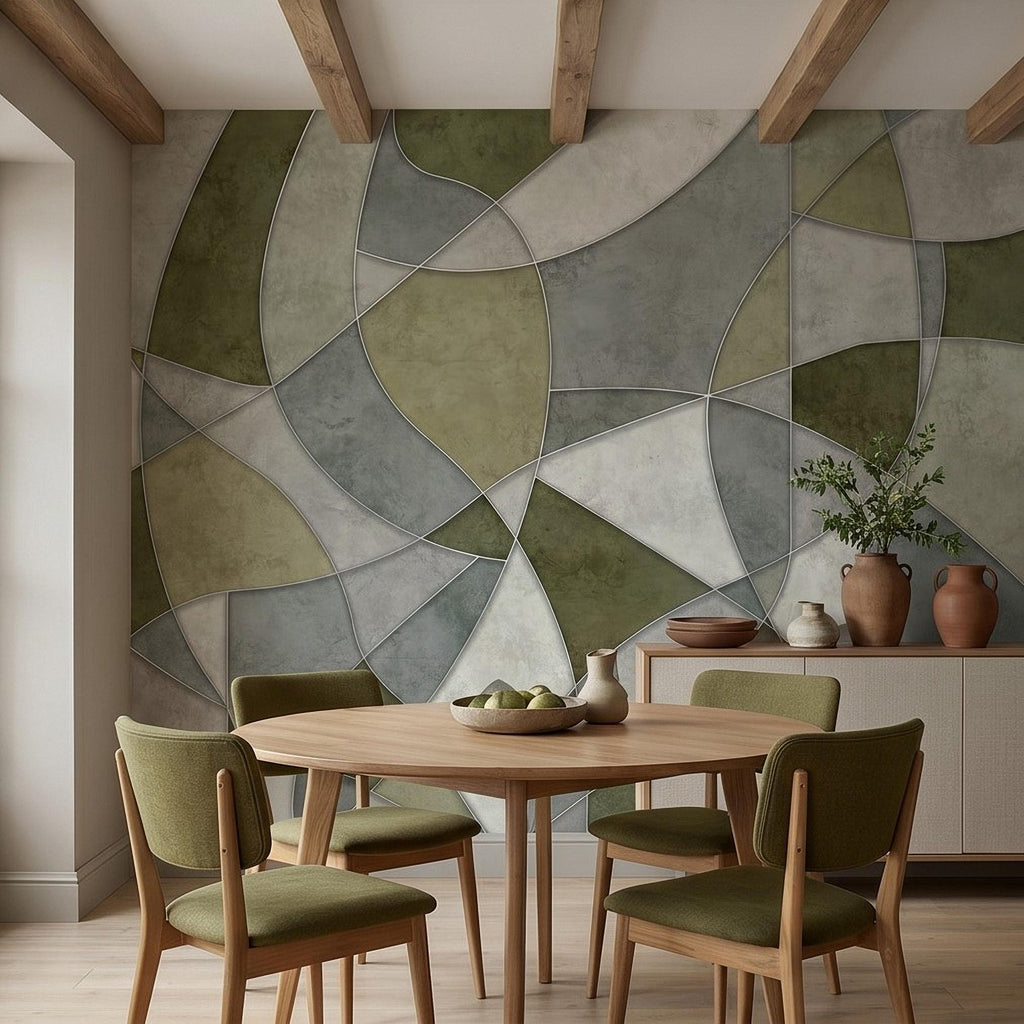Sage Green Abstract Peel and Stick Wall Mural, Modern Organic Geometric Panels, Neutral Matte Plaster Illusion Wallpaper