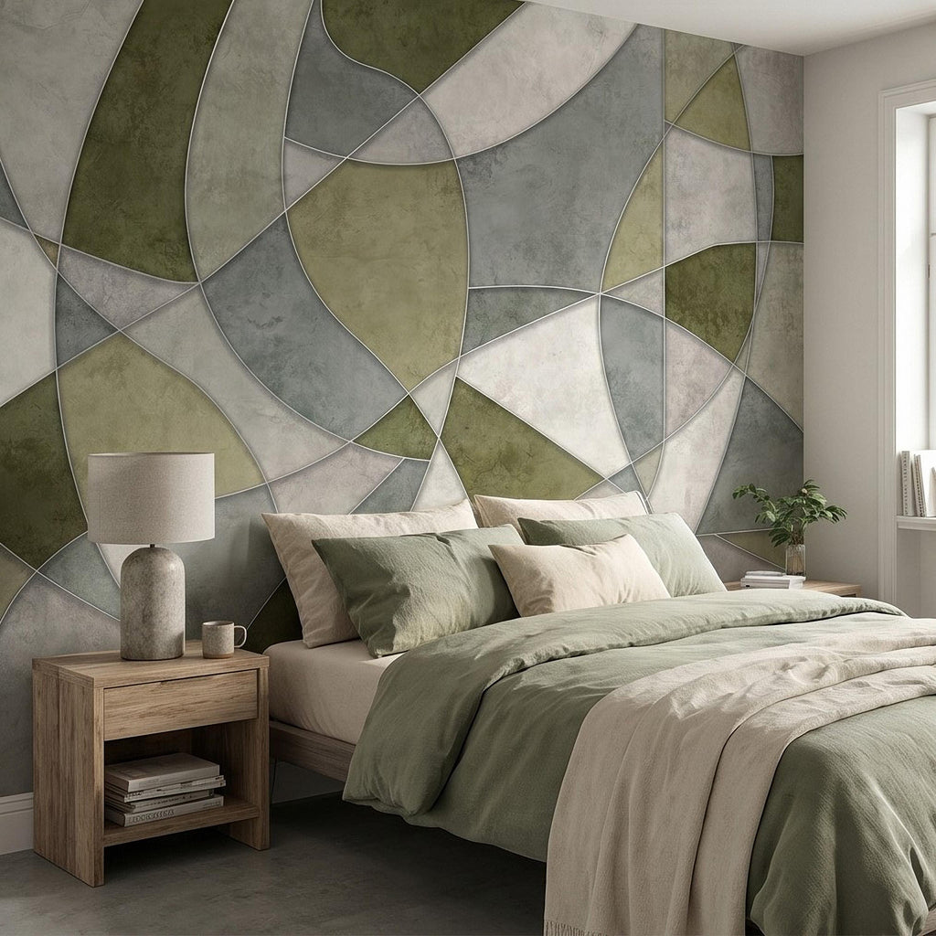 Sage Green Abstract Peel and Stick Wall Mural, Modern Organic Geometric Panels, Neutral Matte Plaster Illusion Wallpaper