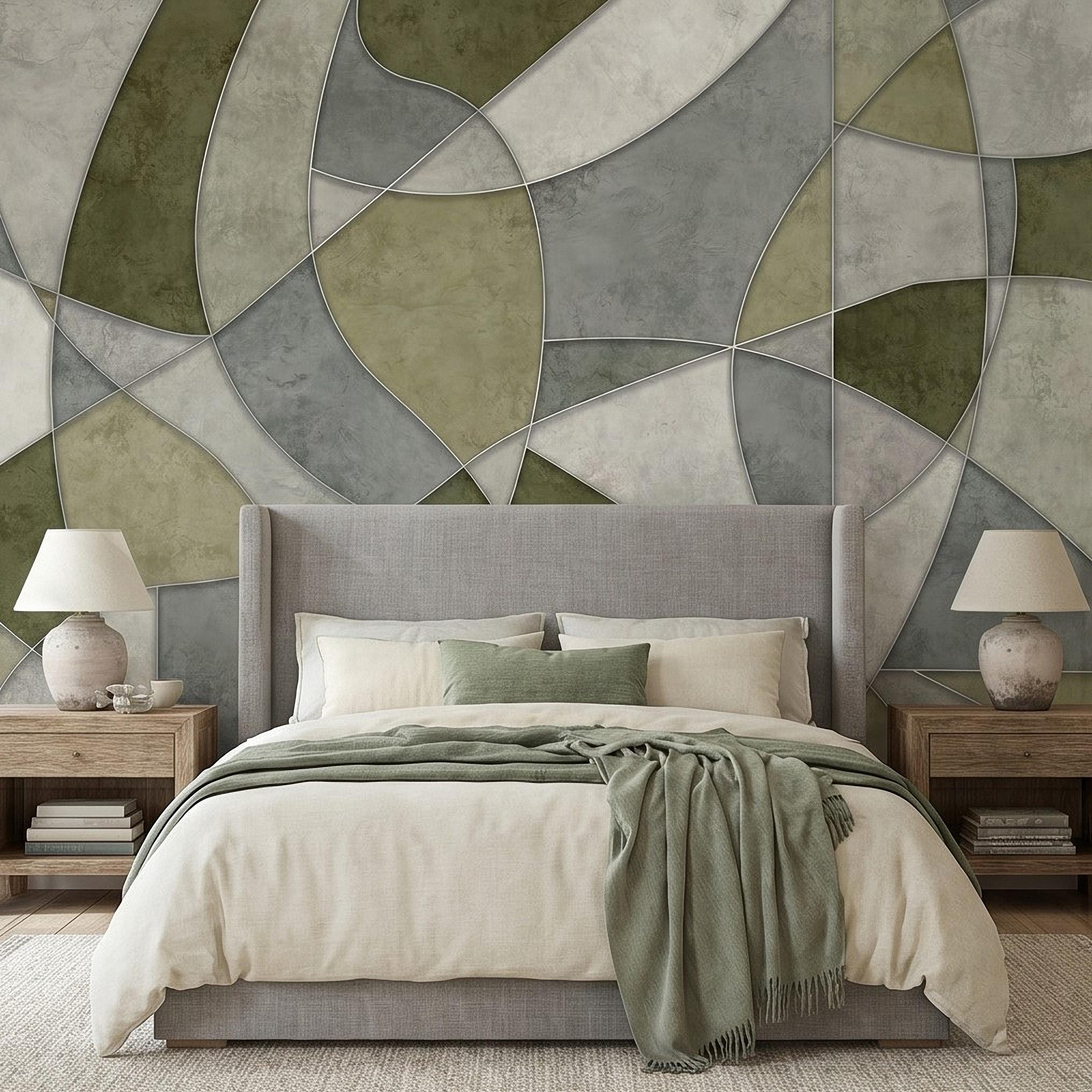 Sage Green Abstract Peel and Stick Wall Mural, Modern Organic Geometric Panels, Neutral Matte Plaster Illusion Wallpaper