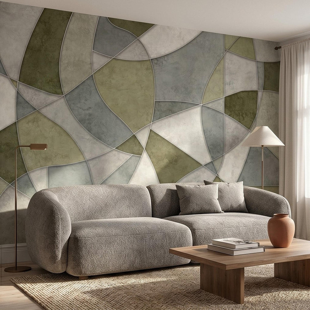 Sage Green Abstract Peel and Stick Wall Mural, Modern Organic Geometric Panels, Neutral Matte Plaster Illusion Wallpaper