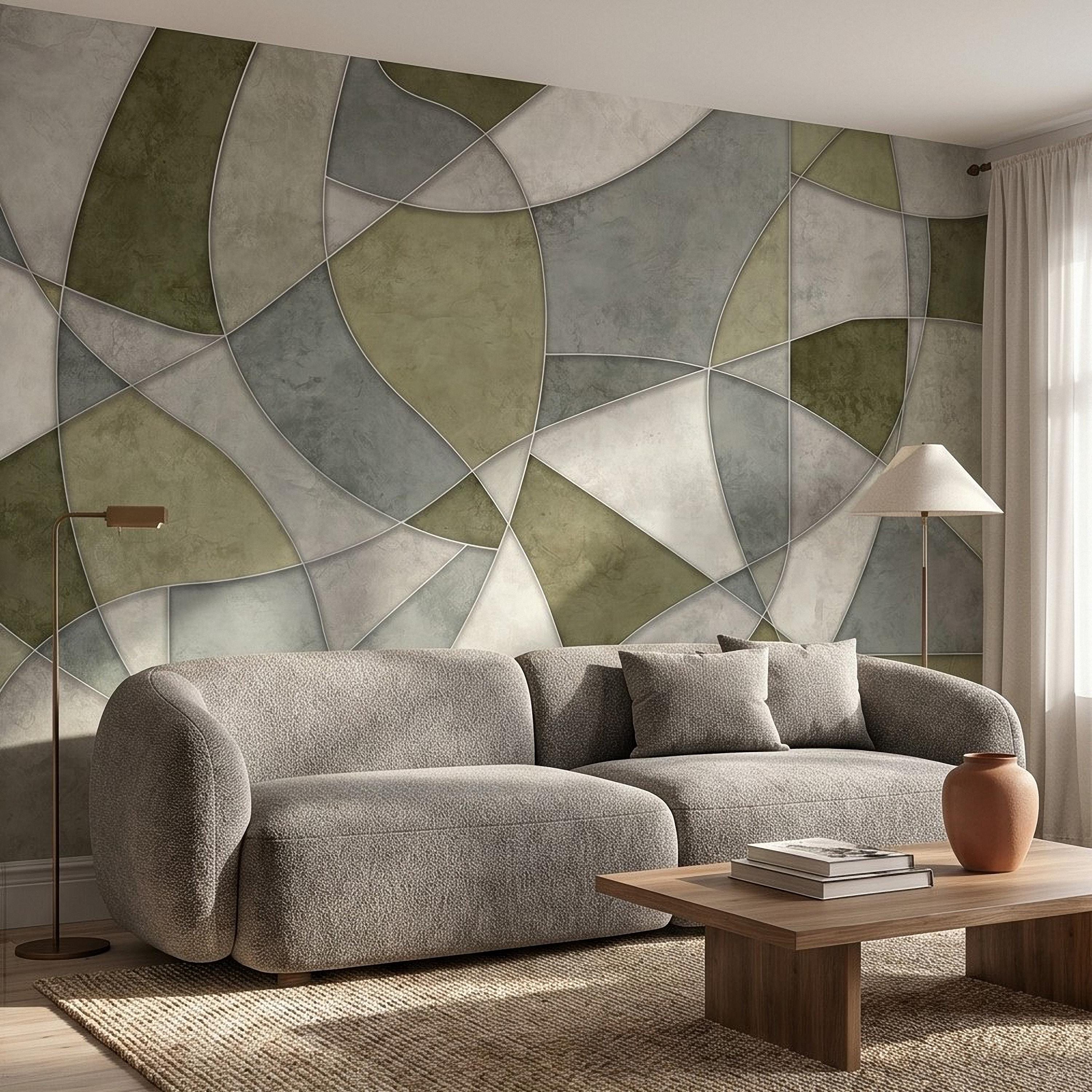 Sage Green Abstract Peel and Stick Wall Mural, Modern Organic Geometric Panels, Neutral Matte Plaster Illusion Wallpaper
