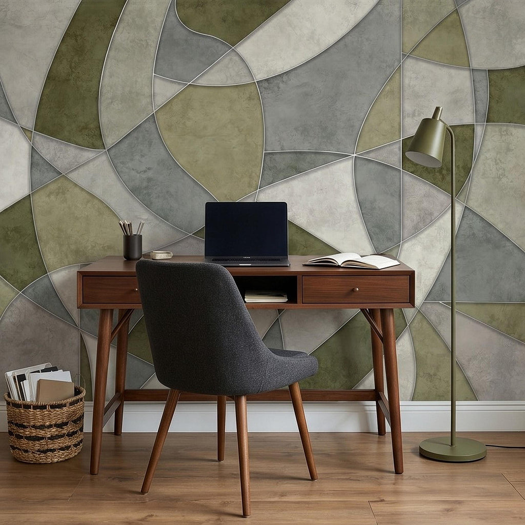 Sage Green Abstract Peel and Stick Wall Mural, Modern Organic Geometric Panels, Neutral Matte Plaster Illusion Wallpaper