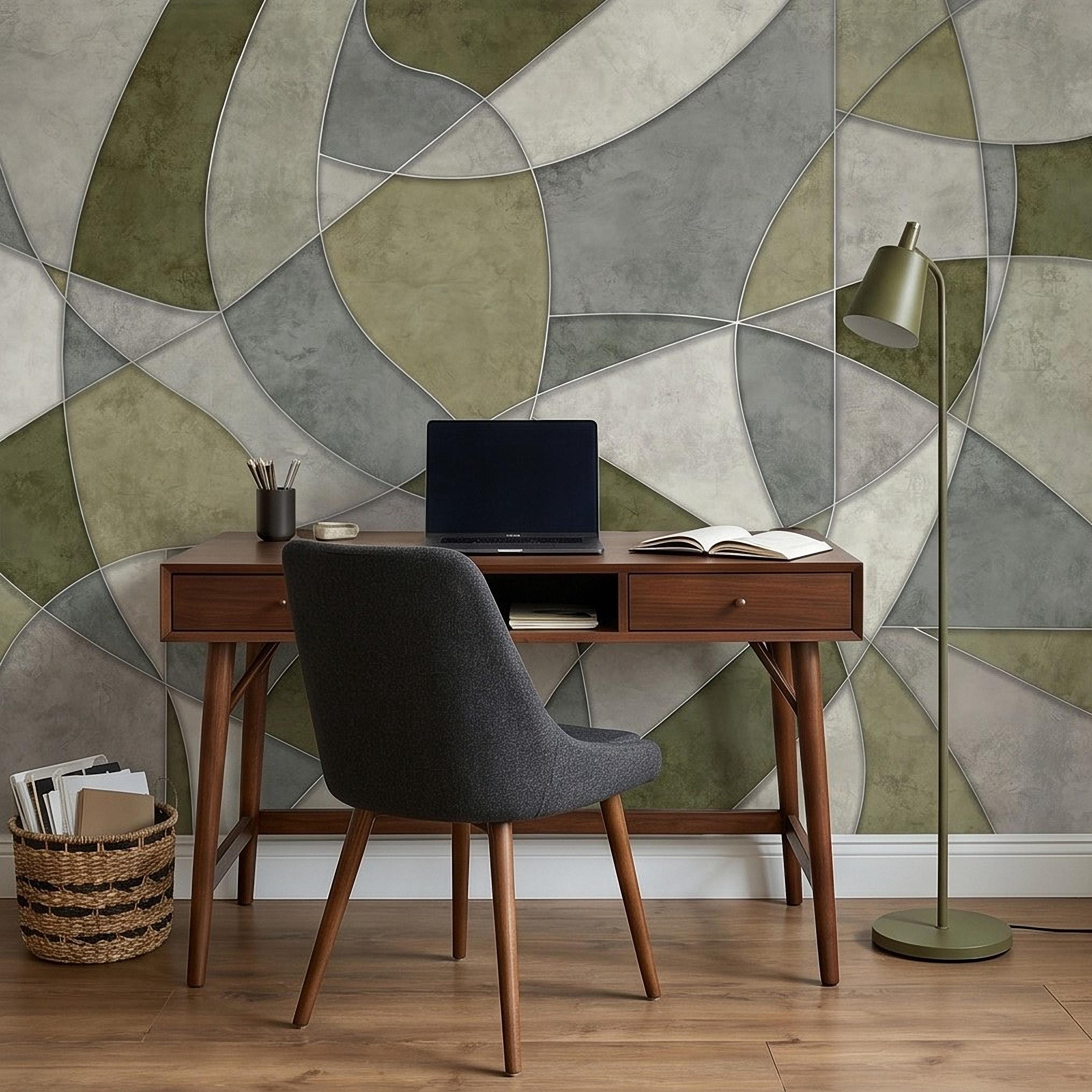Sage Green Abstract Peel and Stick Wall Mural, Modern Organic Geometric Panels, Neutral Matte Plaster Illusion Wallpaper