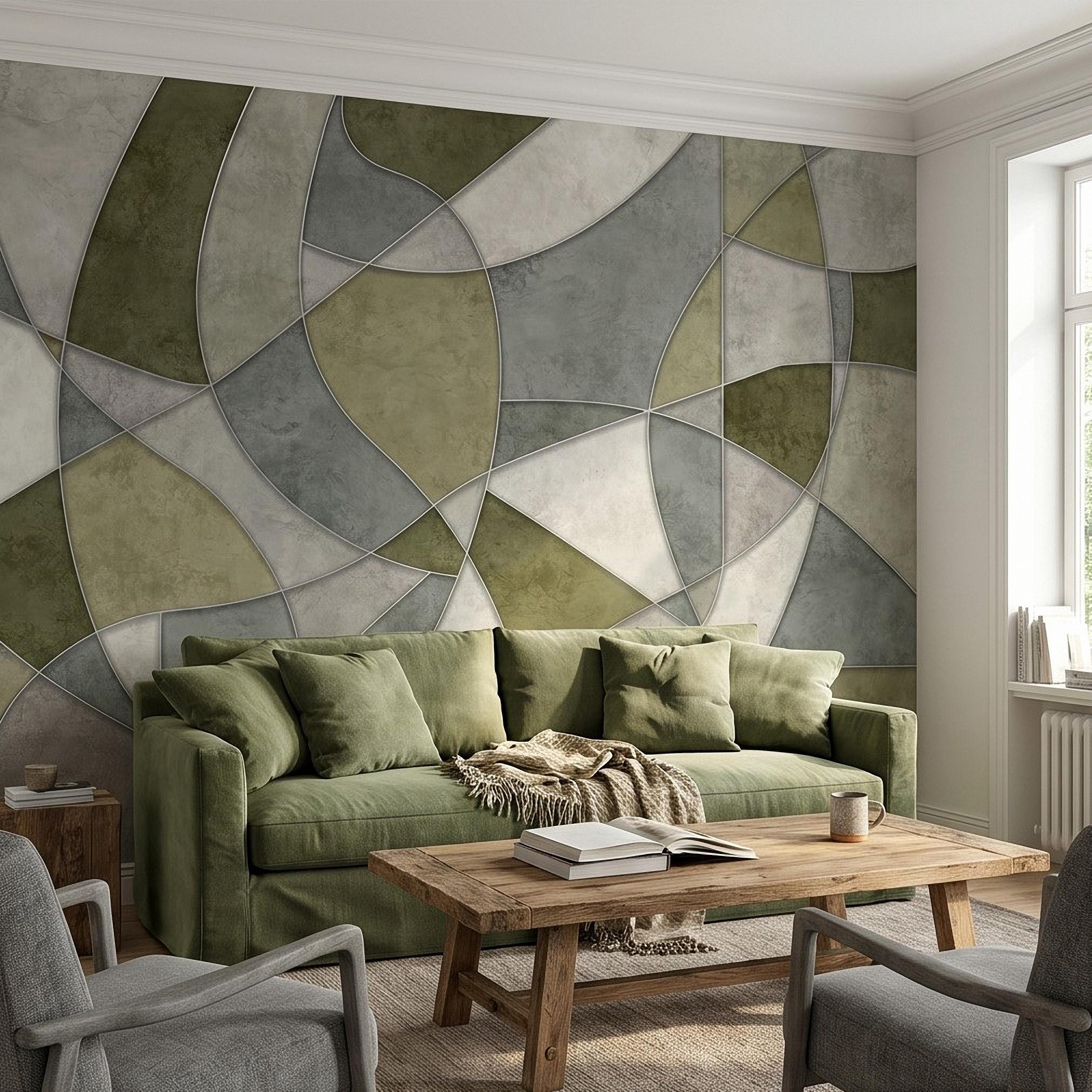 Sage Green Abstract Peel and Stick Wall Mural, Modern Organic Geometric Panels, Neutral Matte Plaster Illusion Wallpaper