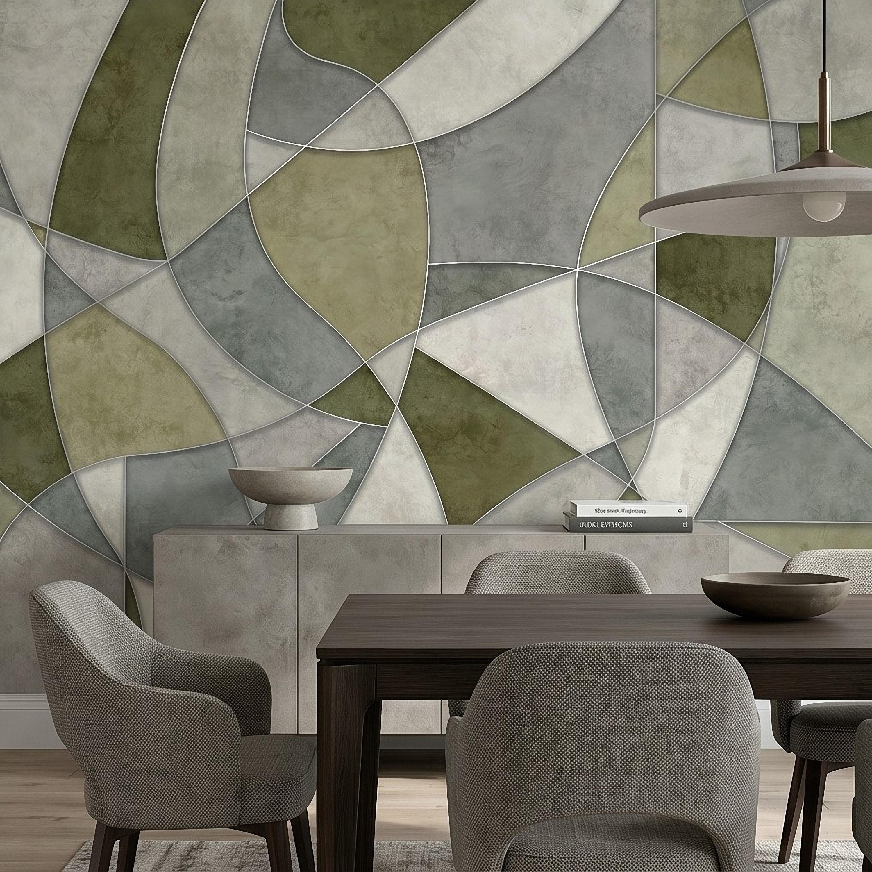 Sage Green Abstract Peel and Stick Wall Mural, Modern Organic Geometric Panels, Neutral Matte Plaster Illusion Wallpaper