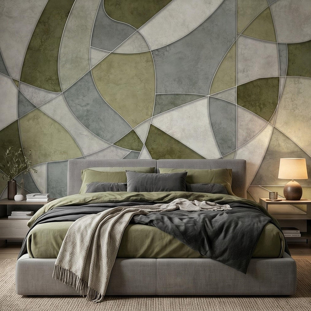 Sage Green Abstract Peel and Stick Wall Mural, Modern Organic Geometric Panels, Neutral Matte Plaster Illusion Wallpaper