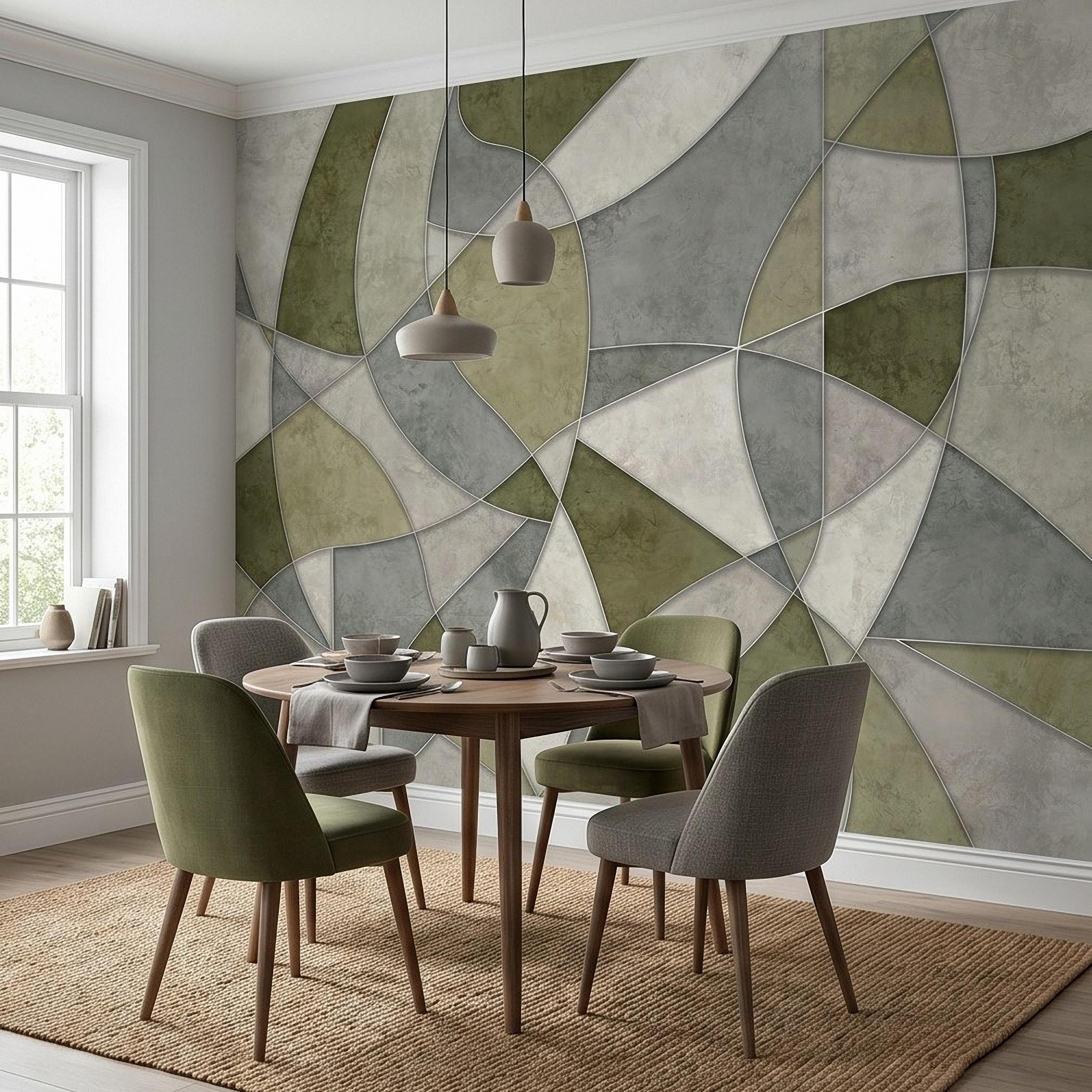 Sage Green Abstract Peel and Stick Wall Mural, Modern Organic Geometric Panels, Neutral Matte Plaster Illusion Wallpaper