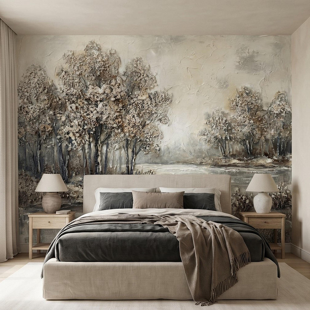 Neutral Textured Tree Landscape Peel and Stick Wall Mural, Impasto Oil Painting Riverbank Gray Beige Woodland Scene Modern Minimal Wallpaper