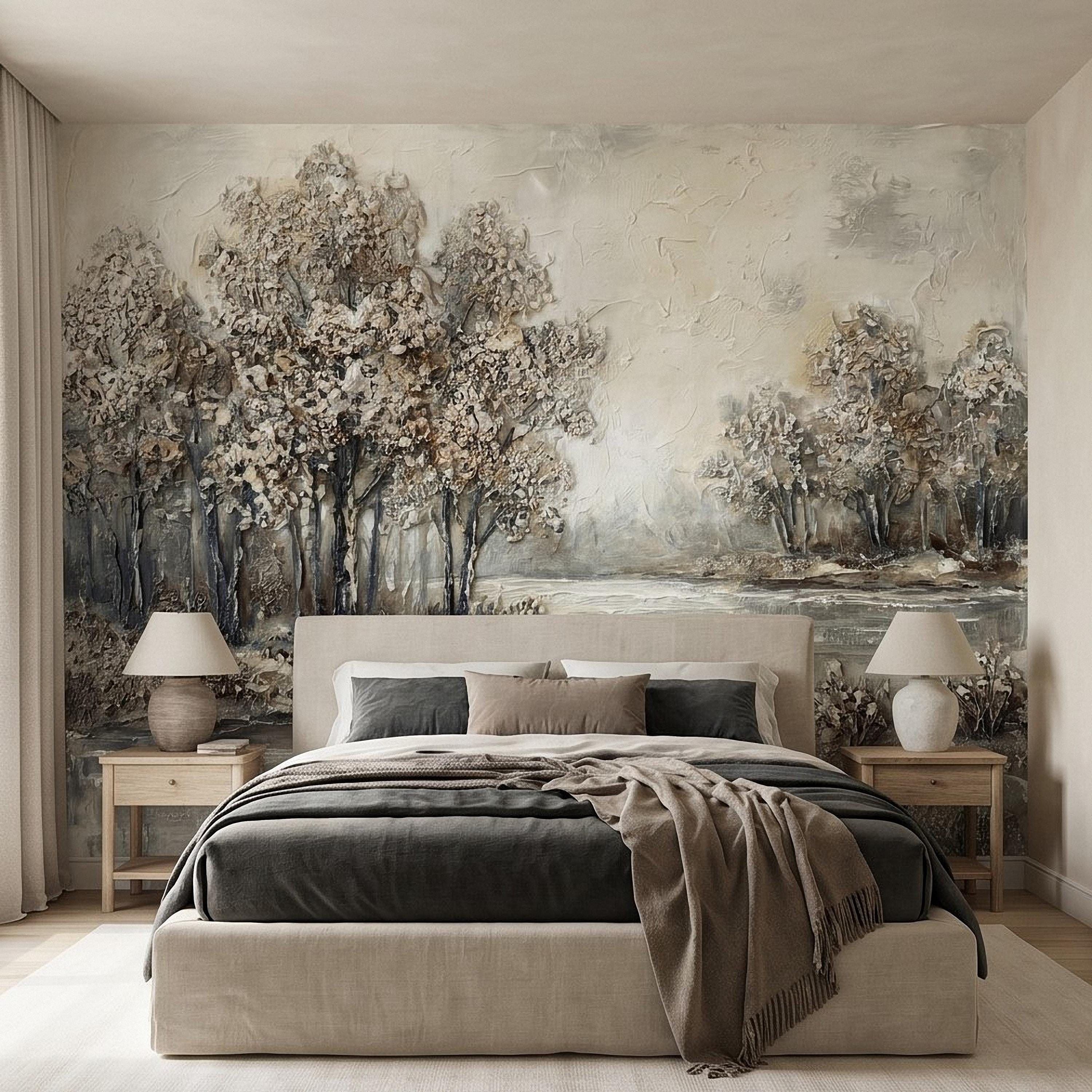 Neutral Textured Tree Landscape Peel and Stick Wall Mural, Impasto Oil Painting Riverbank Gray Beige Woodland Scene Modern Minimal Wallpaper