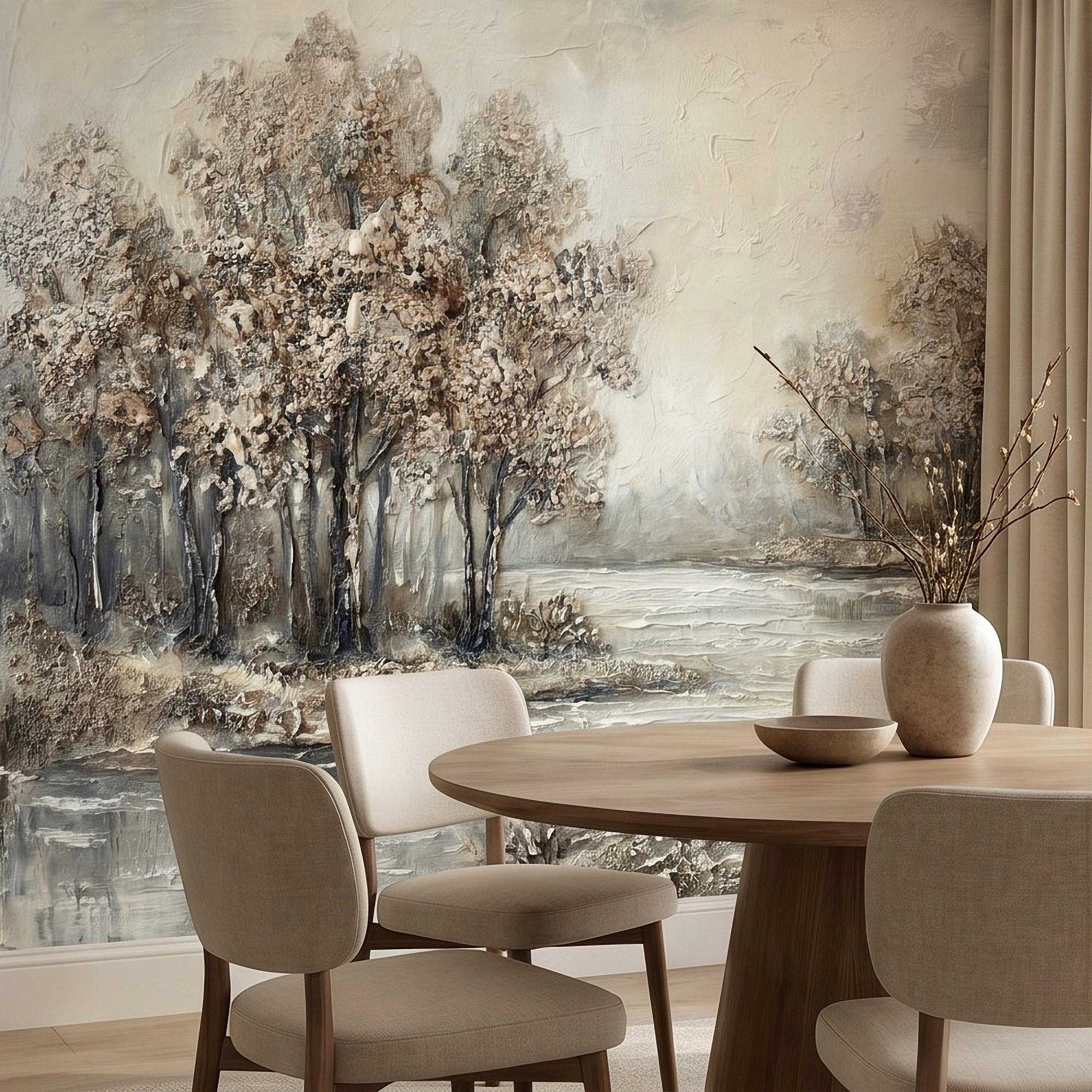 Neutral Textured Tree Landscape Peel and Stick Wall Mural, Impasto Oil Painting Riverbank Gray Beige Woodland Scene Modern Minimal Wallpaper