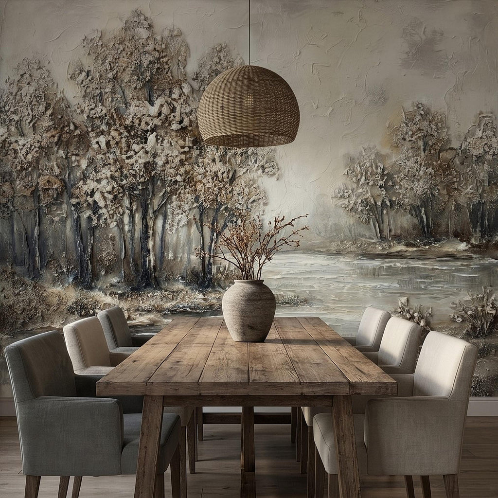 Neutral Textured Tree Landscape Peel and Stick Wall Mural, Impasto Oil Painting Riverbank Gray Beige Woodland Scene Modern Minimal Wallpaper