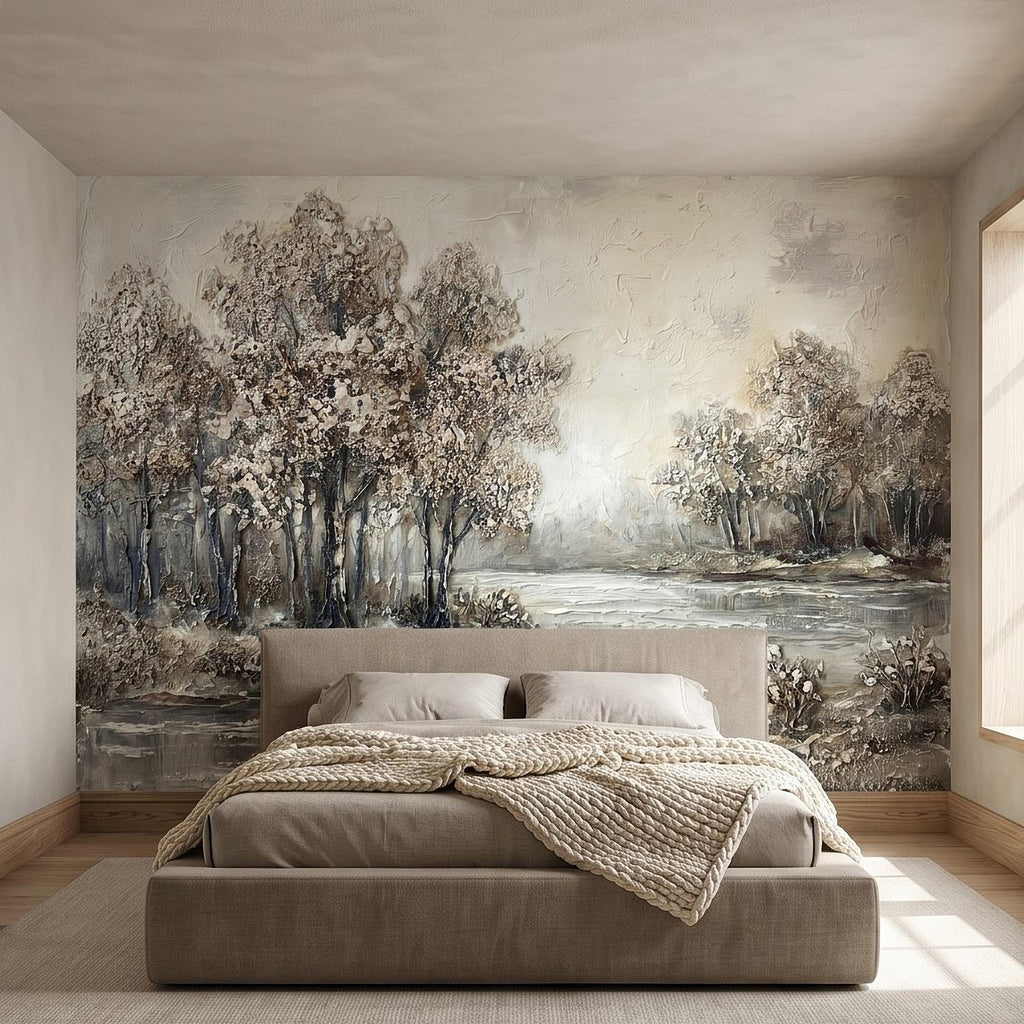Neutral Textured Tree Landscape Peel and Stick Wall Mural, Impasto Oil Painting Riverbank Gray Beige Woodland Scene Modern Minimal Wallpaper