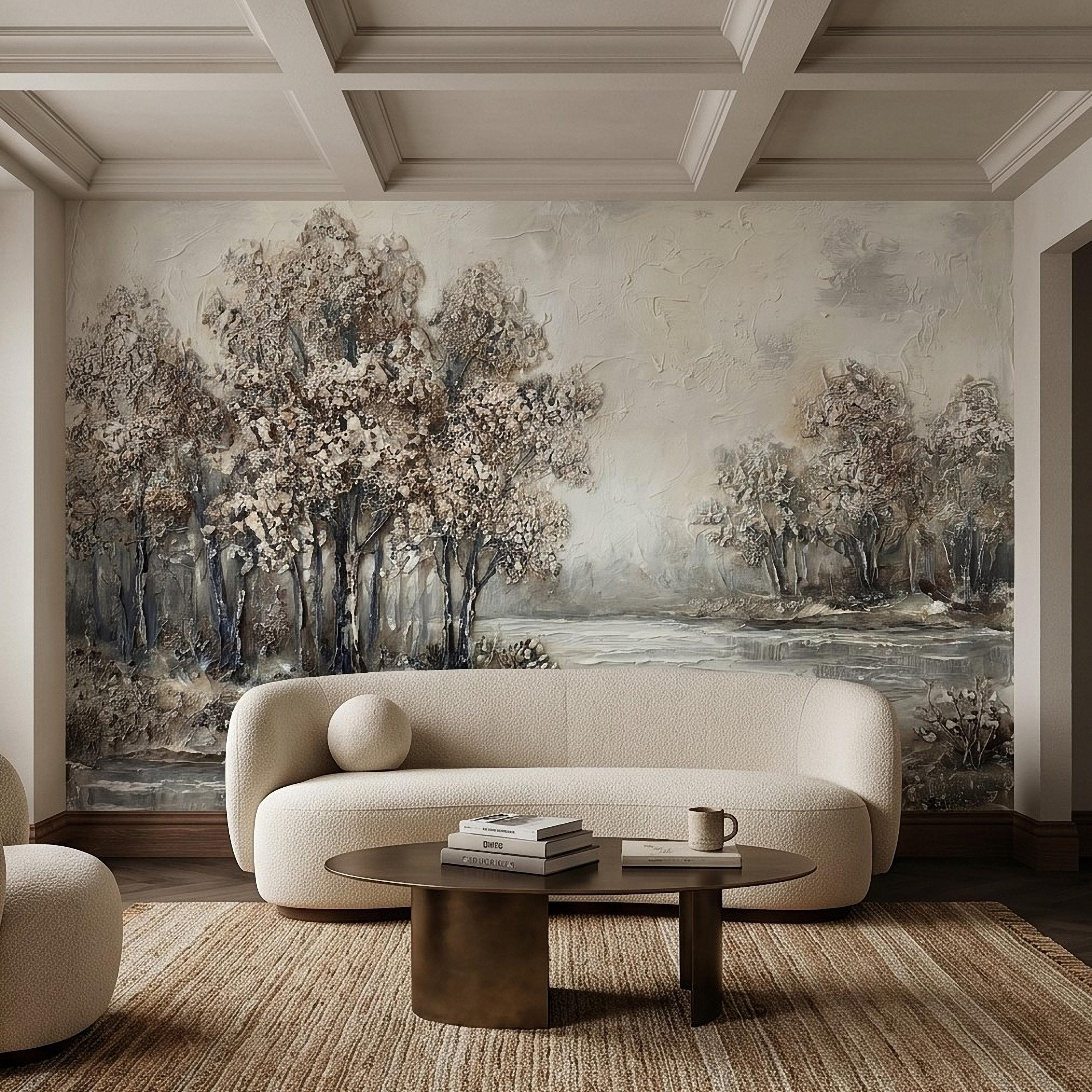 Neutral Textured Tree Landscape Peel and Stick Wall Mural, Impasto Oil Painting Riverbank Gray Beige Woodland Scene Modern Minimal Wallpaper