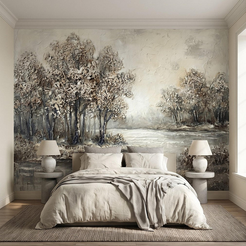Neutral Textured Tree Landscape Peel and Stick Wall Mural, Impasto Oil Painting Riverbank Gray Beige Woodland Scene Modern Minimal Wallpaper