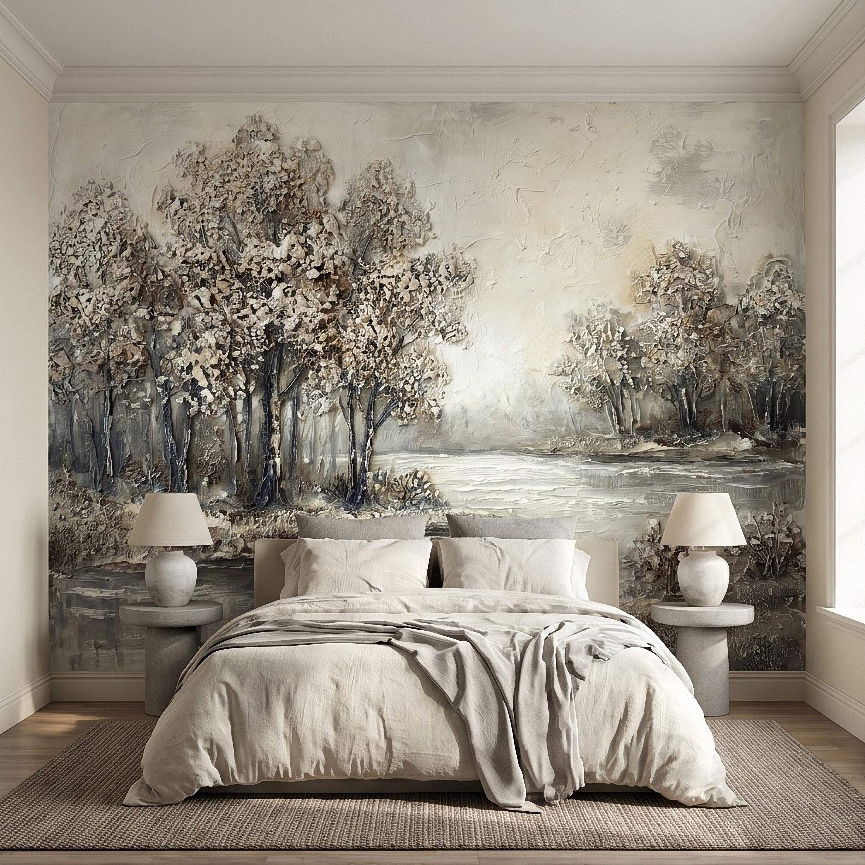 Neutral Textured Tree Landscape Peel and Stick Wall Mural, Impasto Oil Painting Riverbank Gray Beige Woodland Scene Modern Minimal Wallpaper